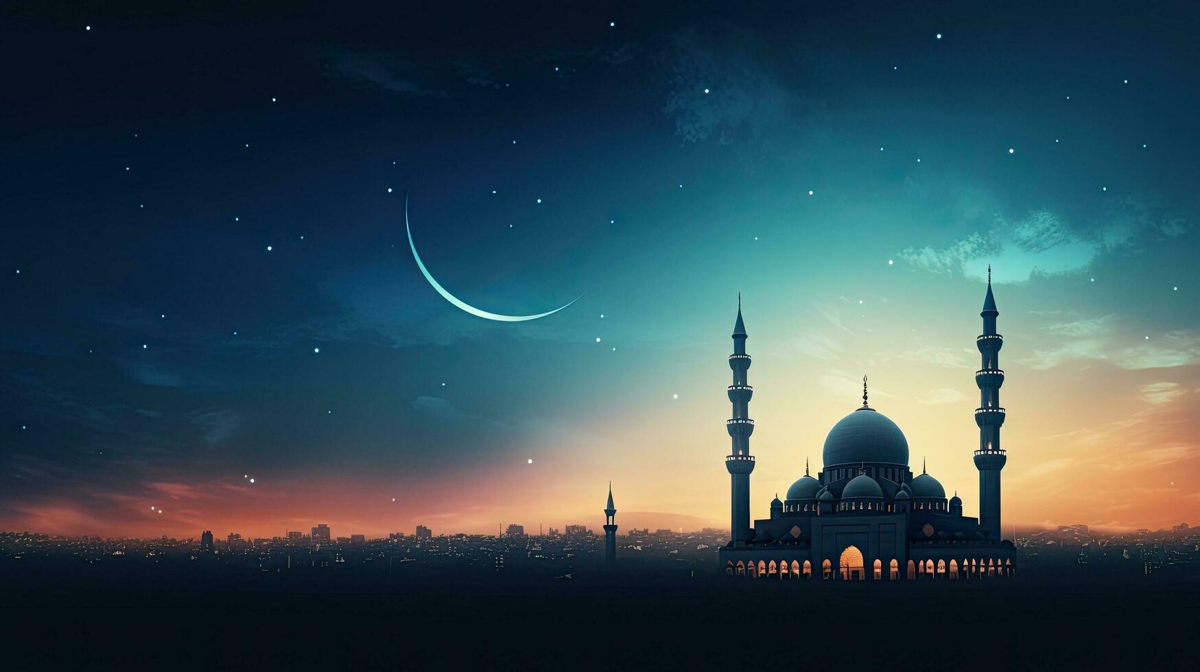 Twilight sky with Mosques Dome and Crescent Moon representing Islamic beliefs and various occasions photo