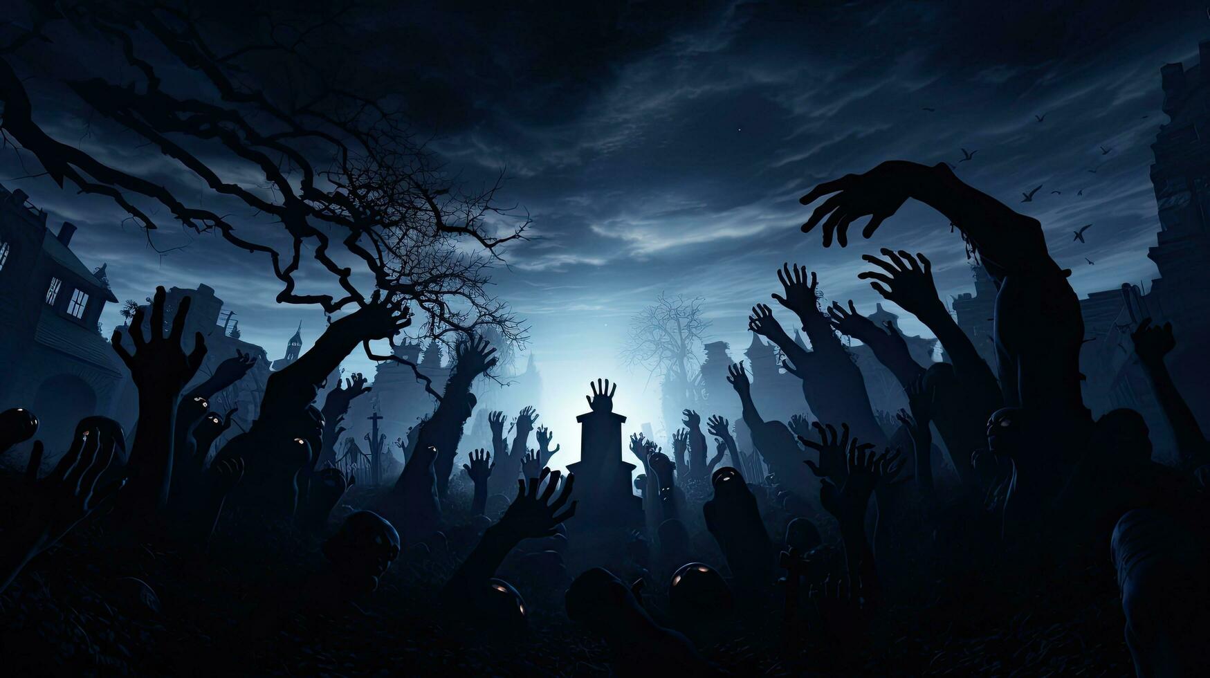 Zombie emerging from graveyard on dark night photo