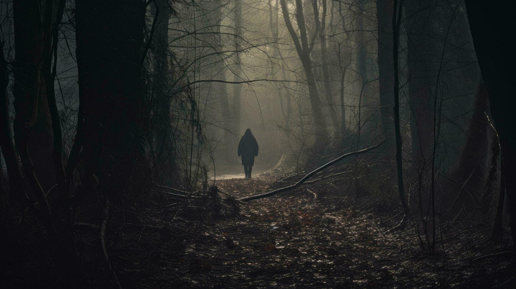 Mysterious figure facing away watching path in eerie forest Winter day Grungy textured edit photo