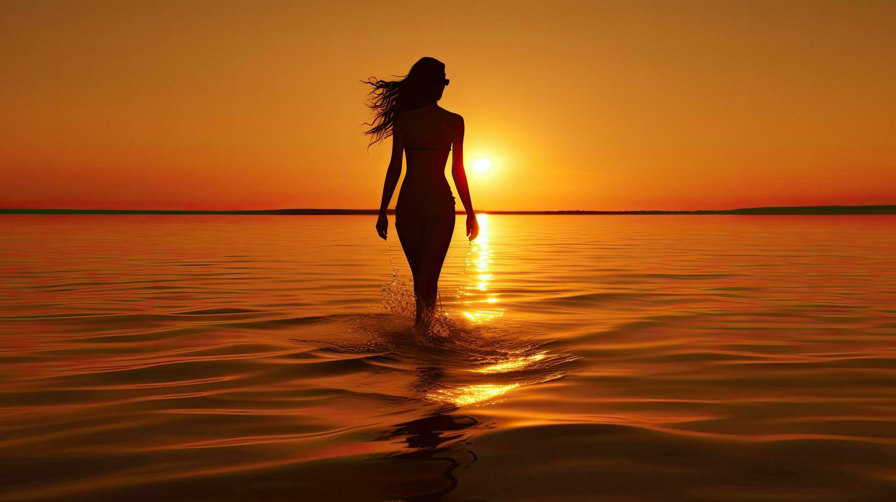 One woman walking on the beach at sunset photo