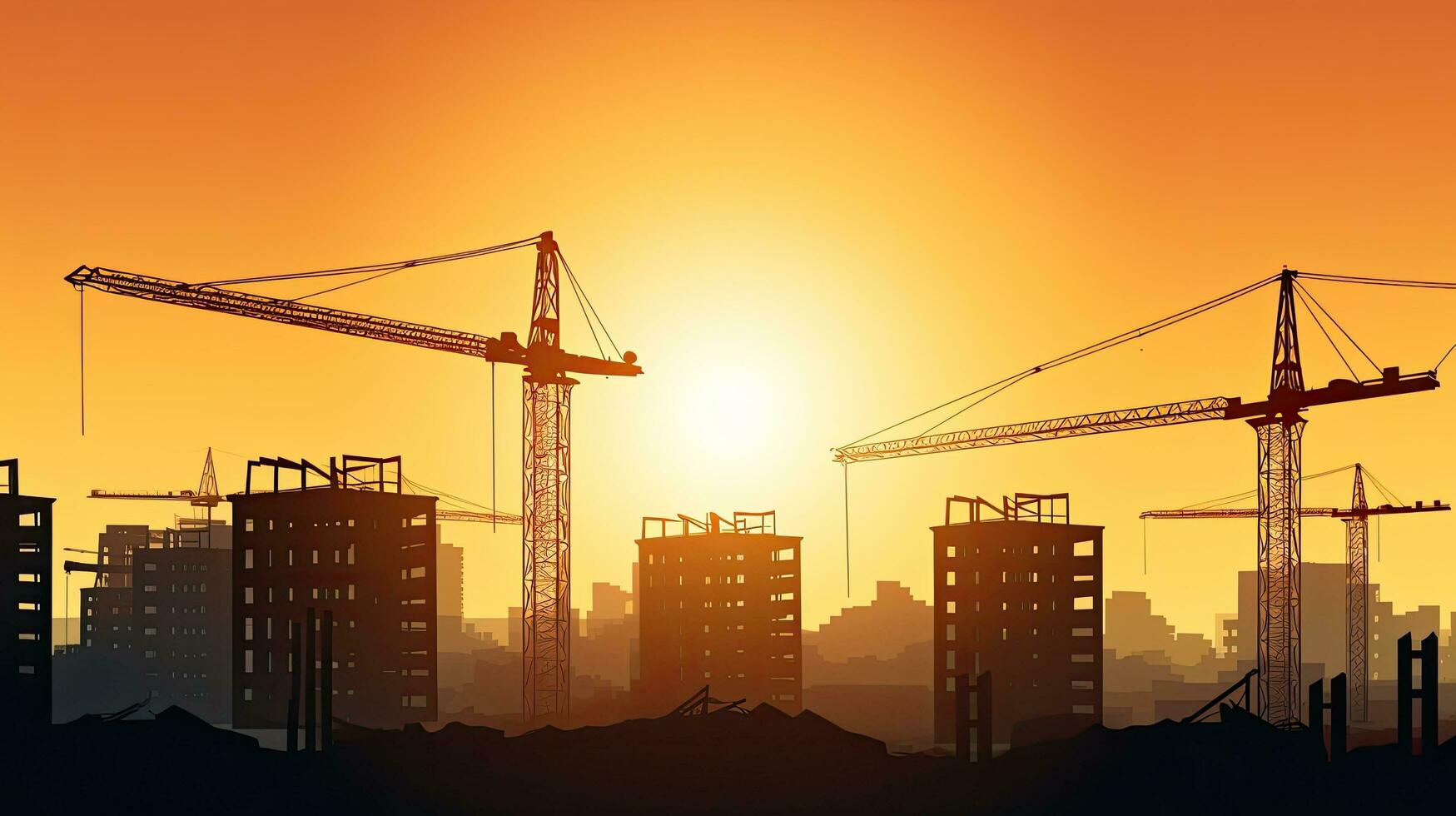 Sunrise with silhouetted cranes and buildings in industrial construction photo