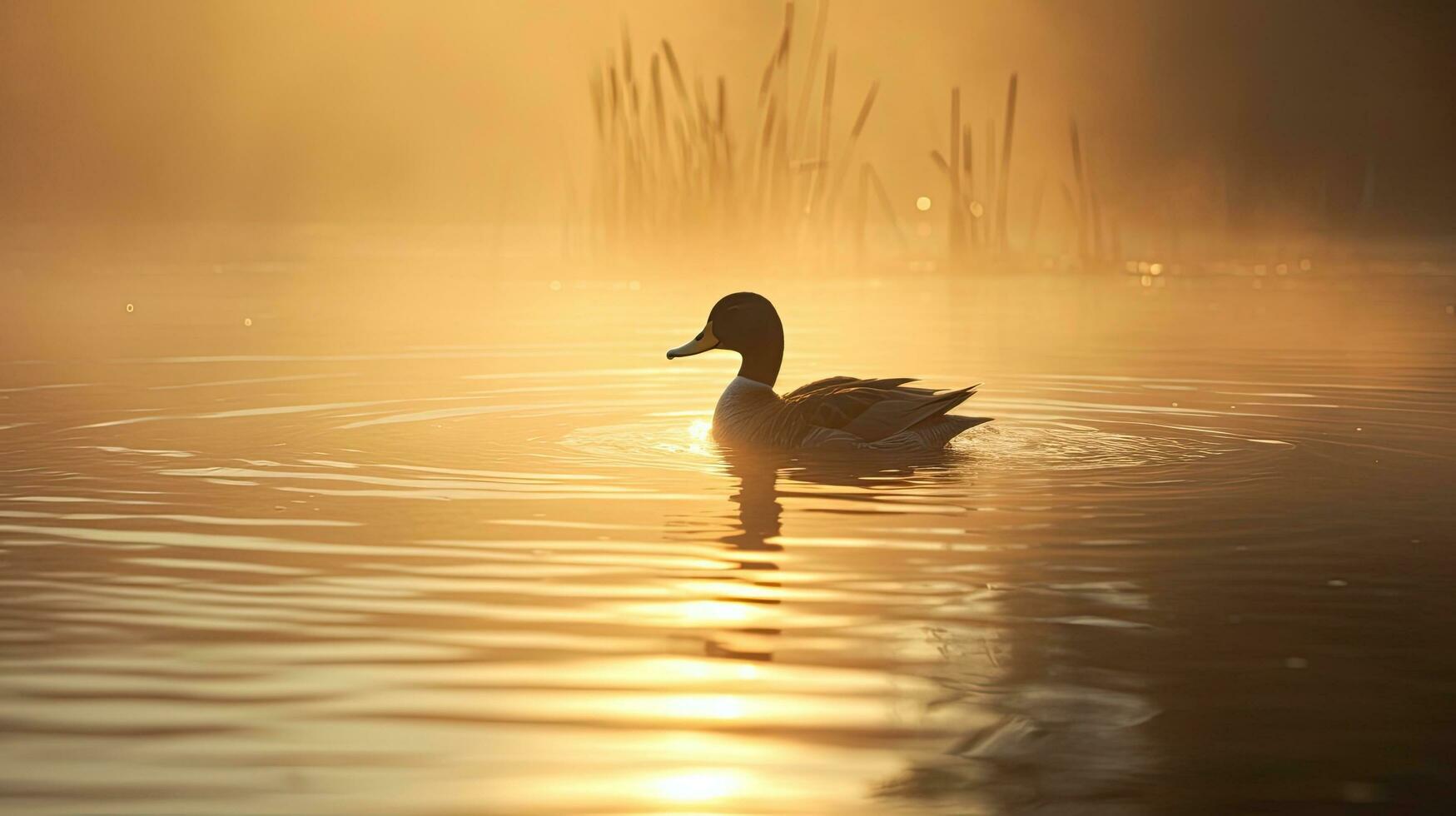 wild duck swimming on a golden lake while sunset is reflecting in the  water. Minimalistic picture with silhouette of the water bird. 17699313  Stock Photo at Vecteezy