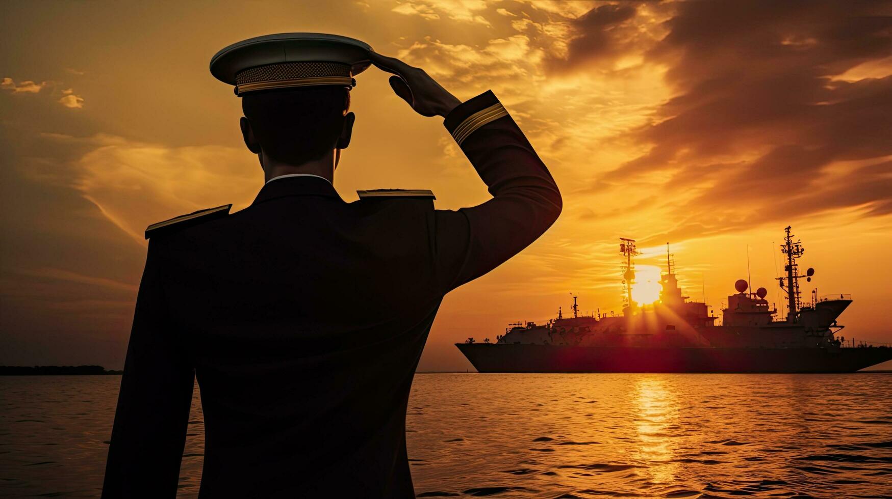 Captain silhouetted against sunset in a digital composite photo