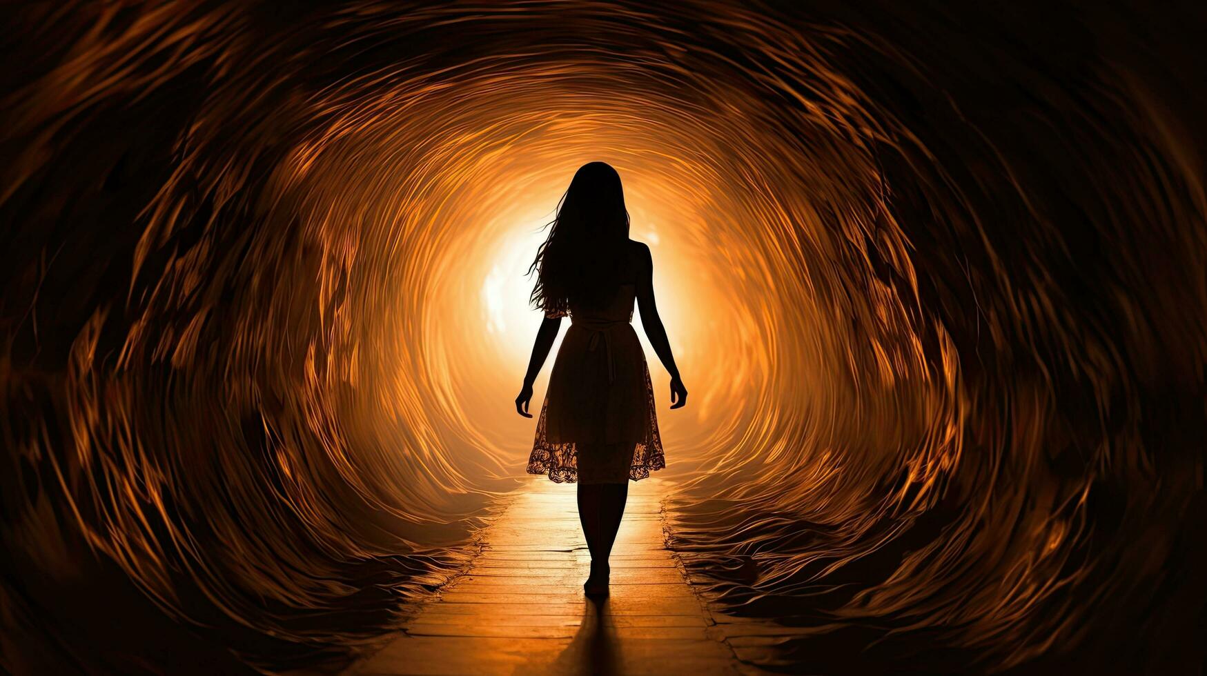 A woman transforms through the mysterious tunnel embracing the unknown photo