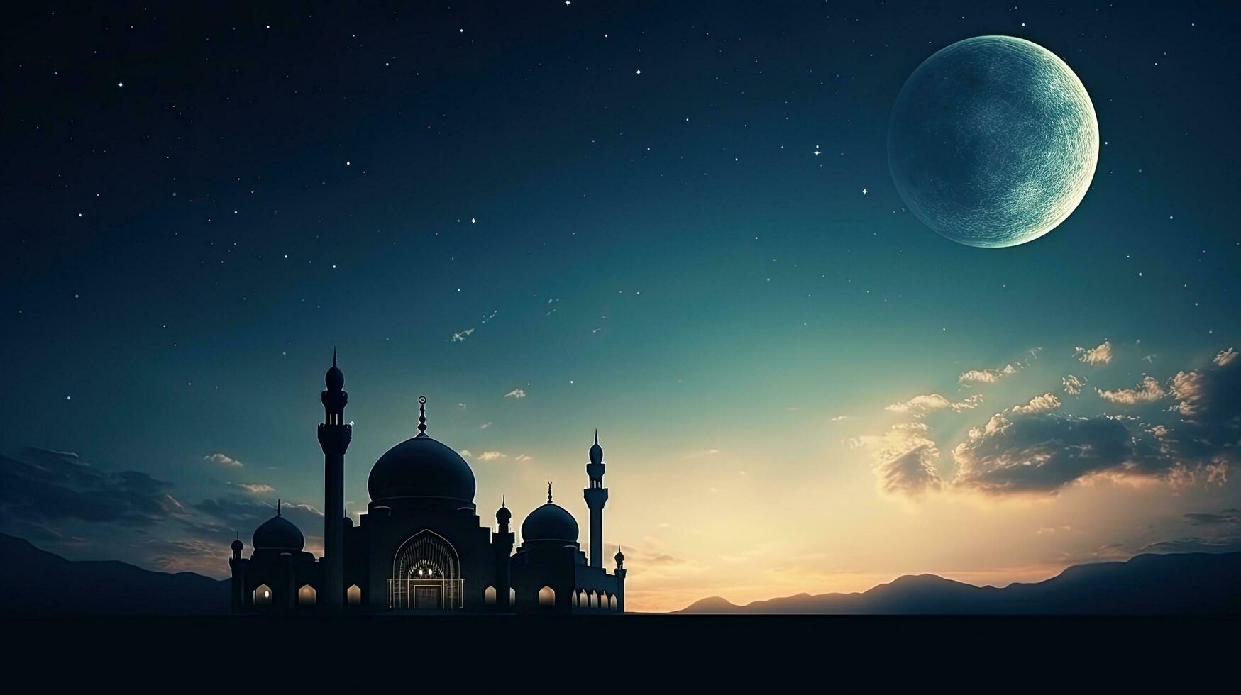 Mosques with dome on twilight sky Crescent Moon symbol space for Arabic text representing Islamic religion and holidays photo