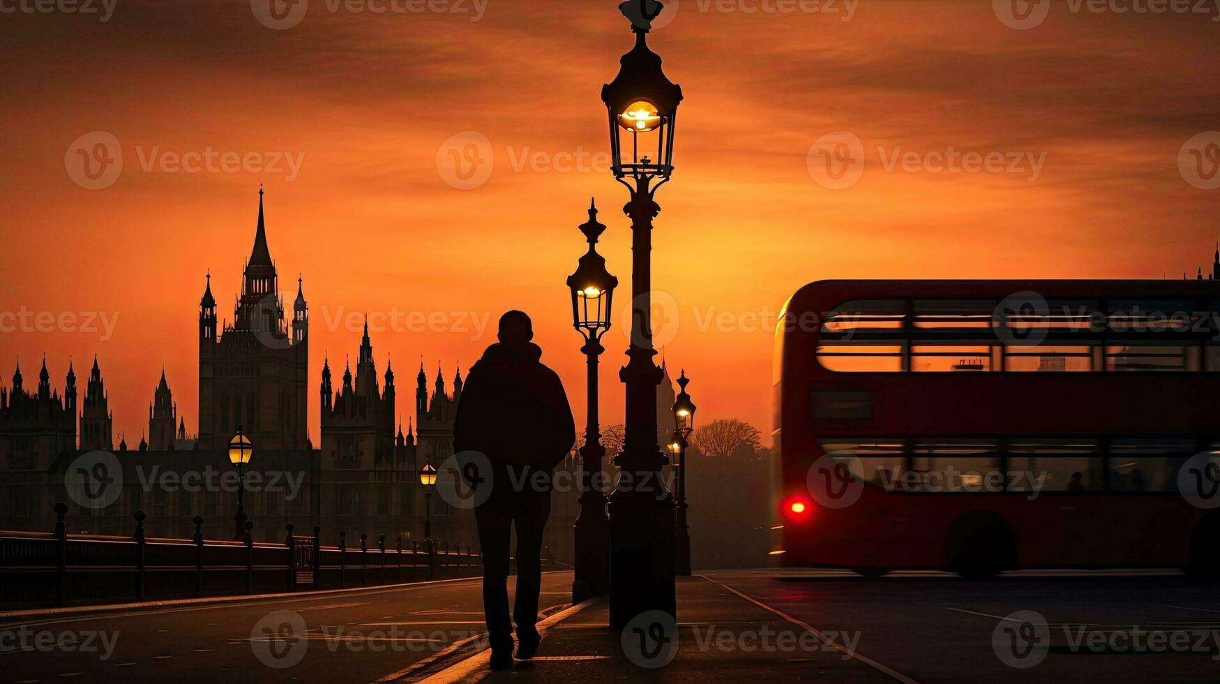 Gentle gothic streetlight on Westminster Bridge framed by blurred London Bus and person amidst fading summer sunset photo