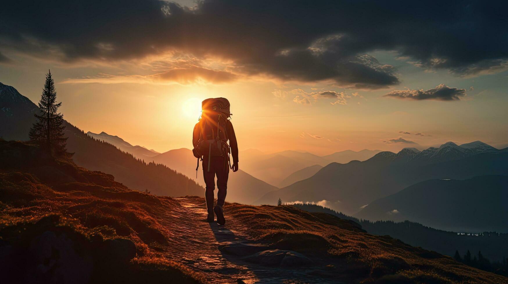 caminante s sombra a puesta de sol con lente destello foto