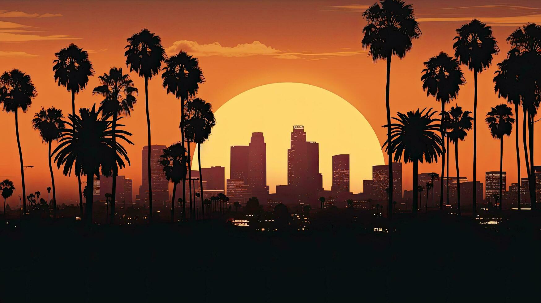 Gorgeous sunset over LA skyline with palm trees upfront photo