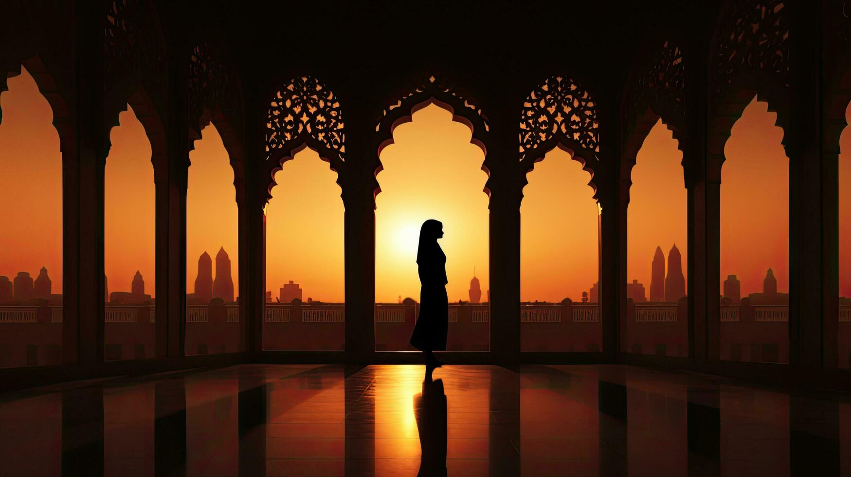 Persian woman in traditional dress against Iranian architecture at sunset in Kashan Iran photo