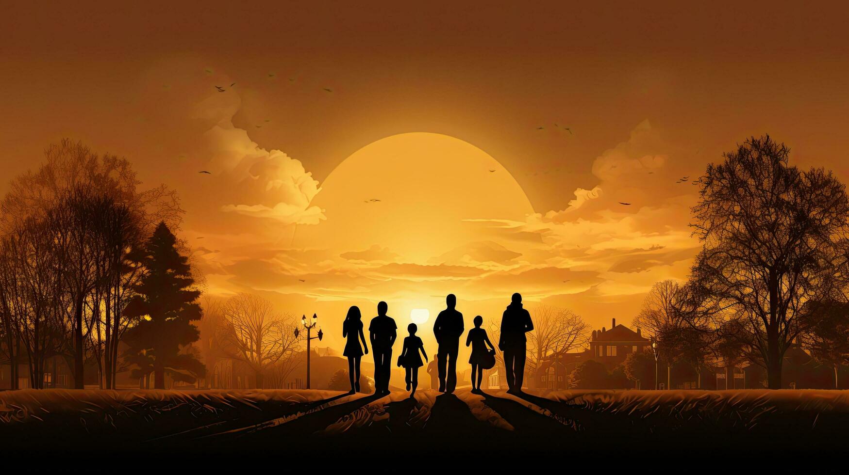People walking in a park with a golden sunset background silhouette photo