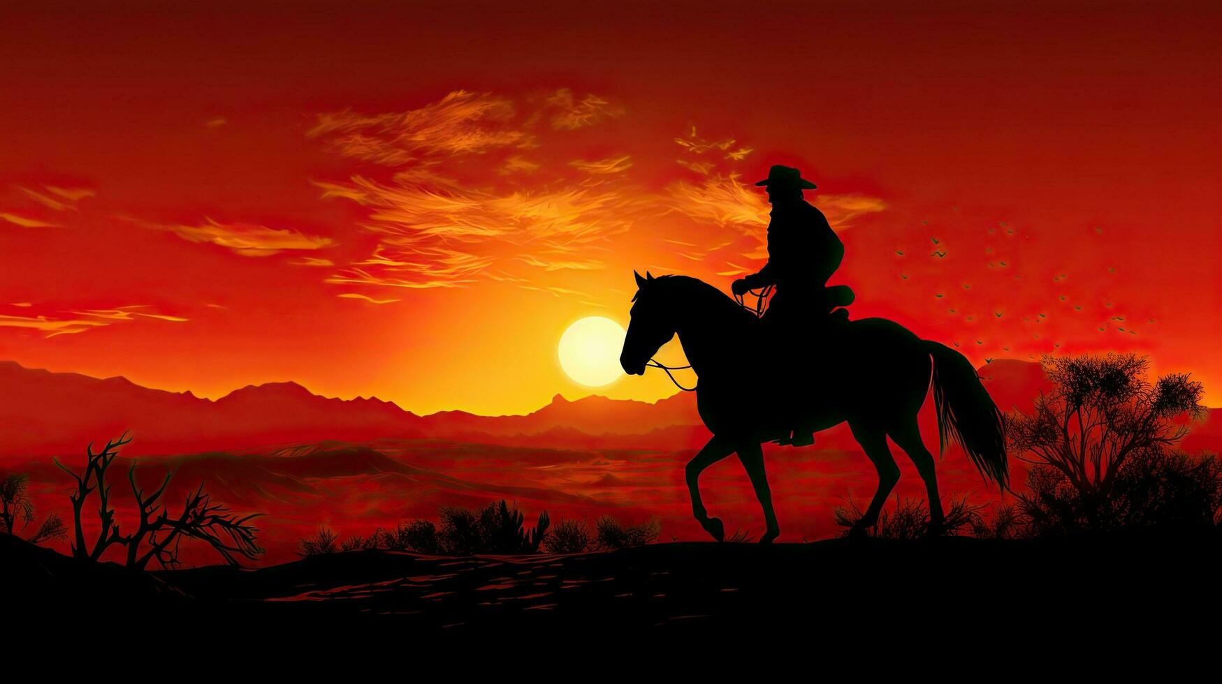 silueta de un caballo jinete durante puesta de sol foto