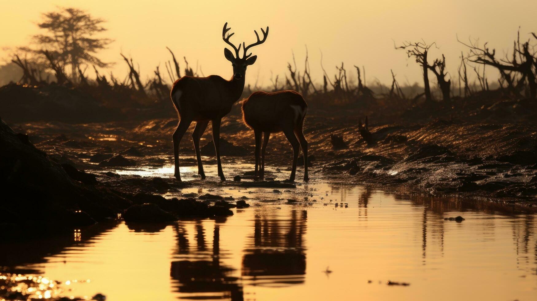 2 adult deer enjoying the sun and mud in the daytime at Ranca Upas field in Bandung Indonesia photo