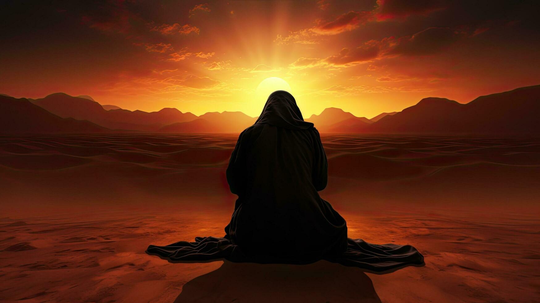 Muslim praying at dusk in the desert photo