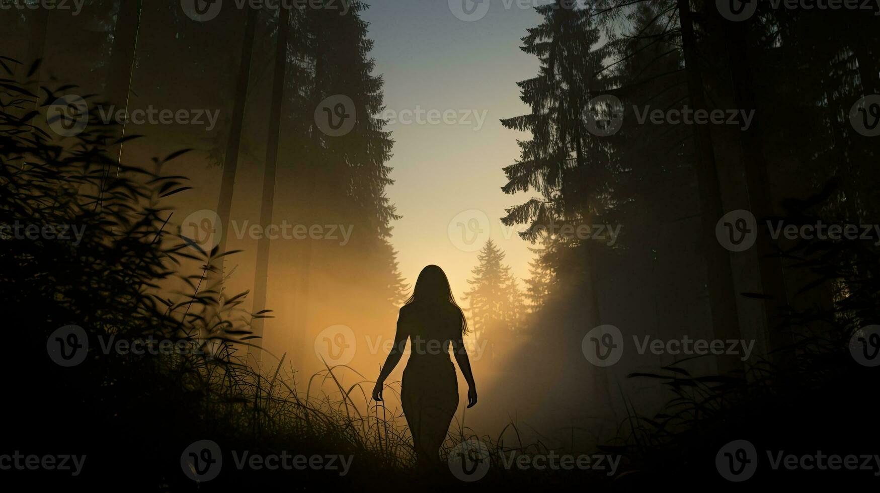 Woman s silhouette in morning mist amid trees photo