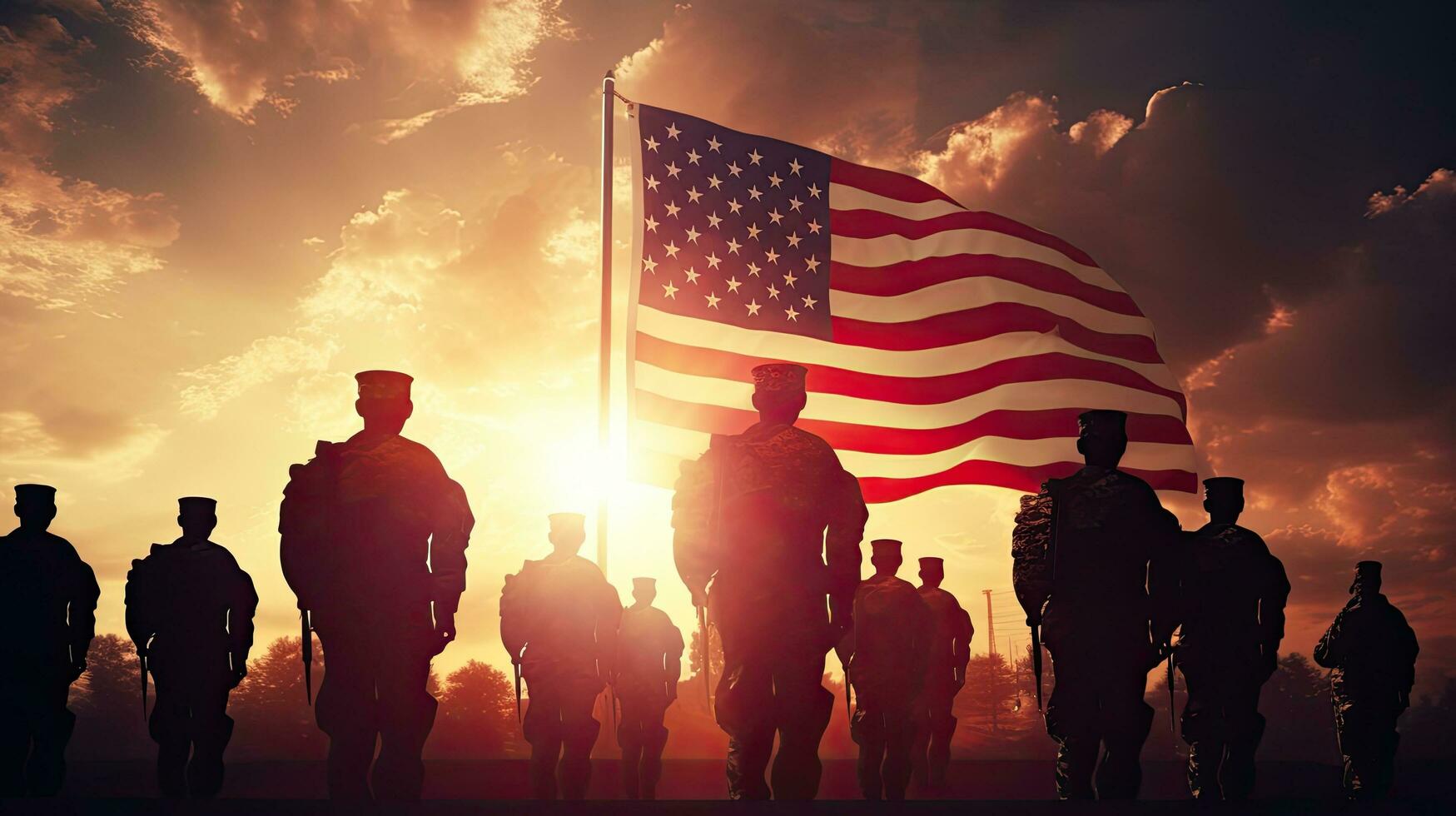 Soldiers saluting against sunset sunrise USA flag Greeting card for patriotic celebrations photo