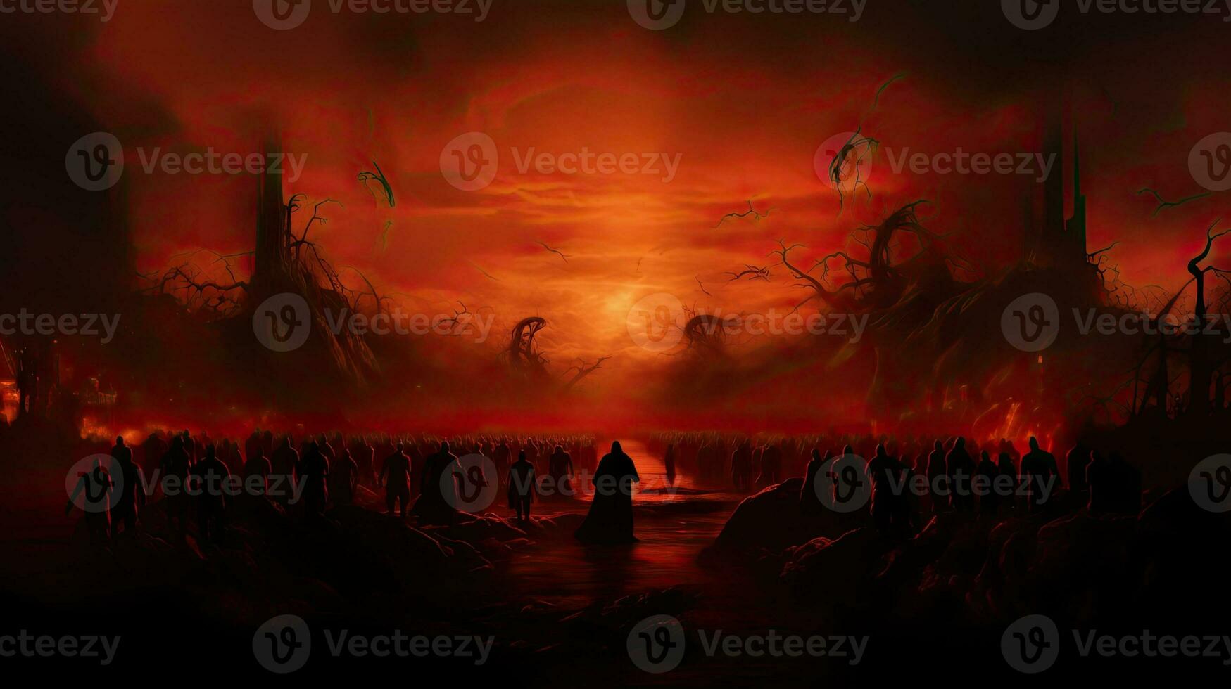Religiously intense scene fiery sky final judgment eternal damnation fearful figures photo