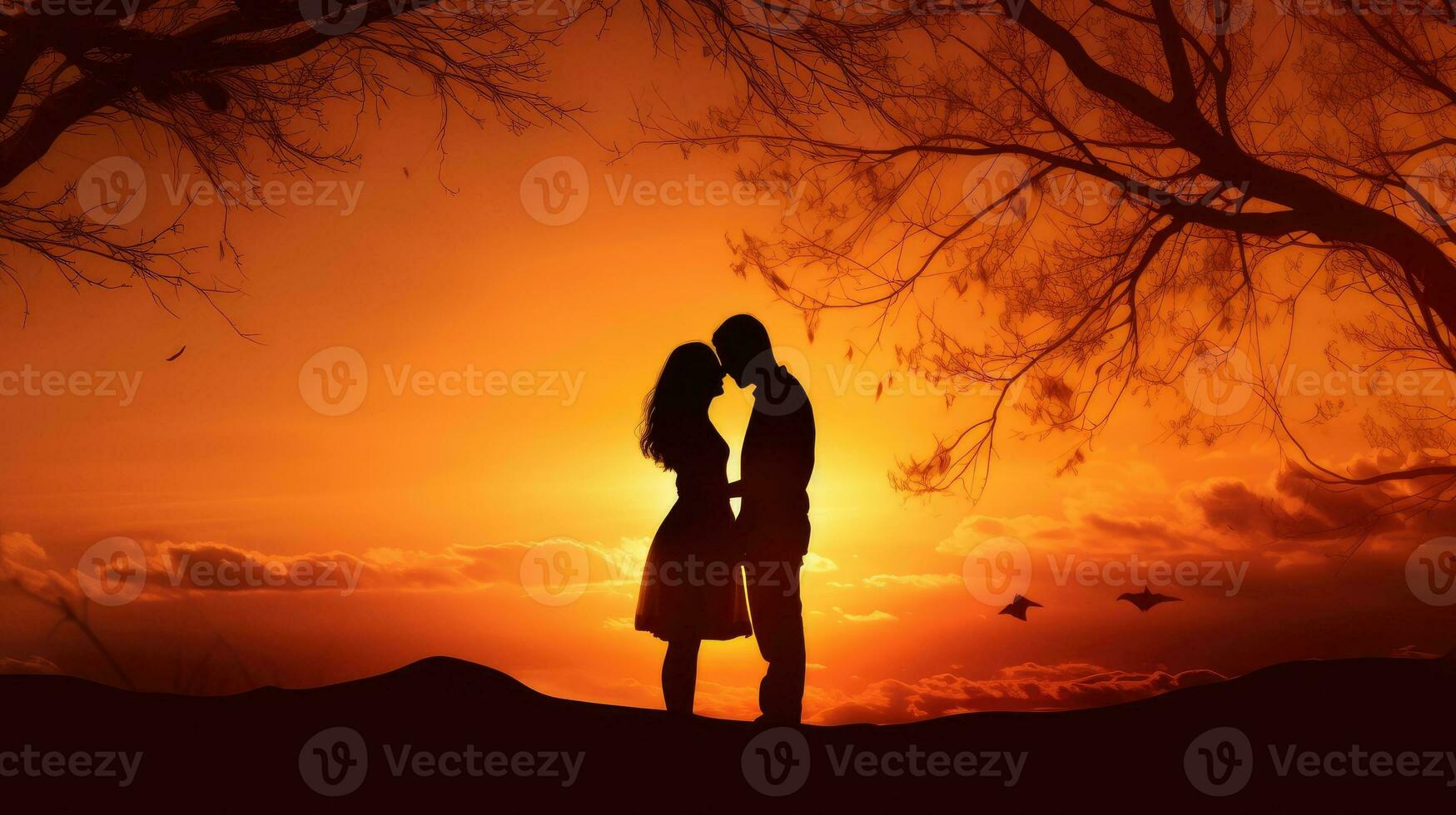 Silhouettes of a man and woman in a nature sunset representing love photo