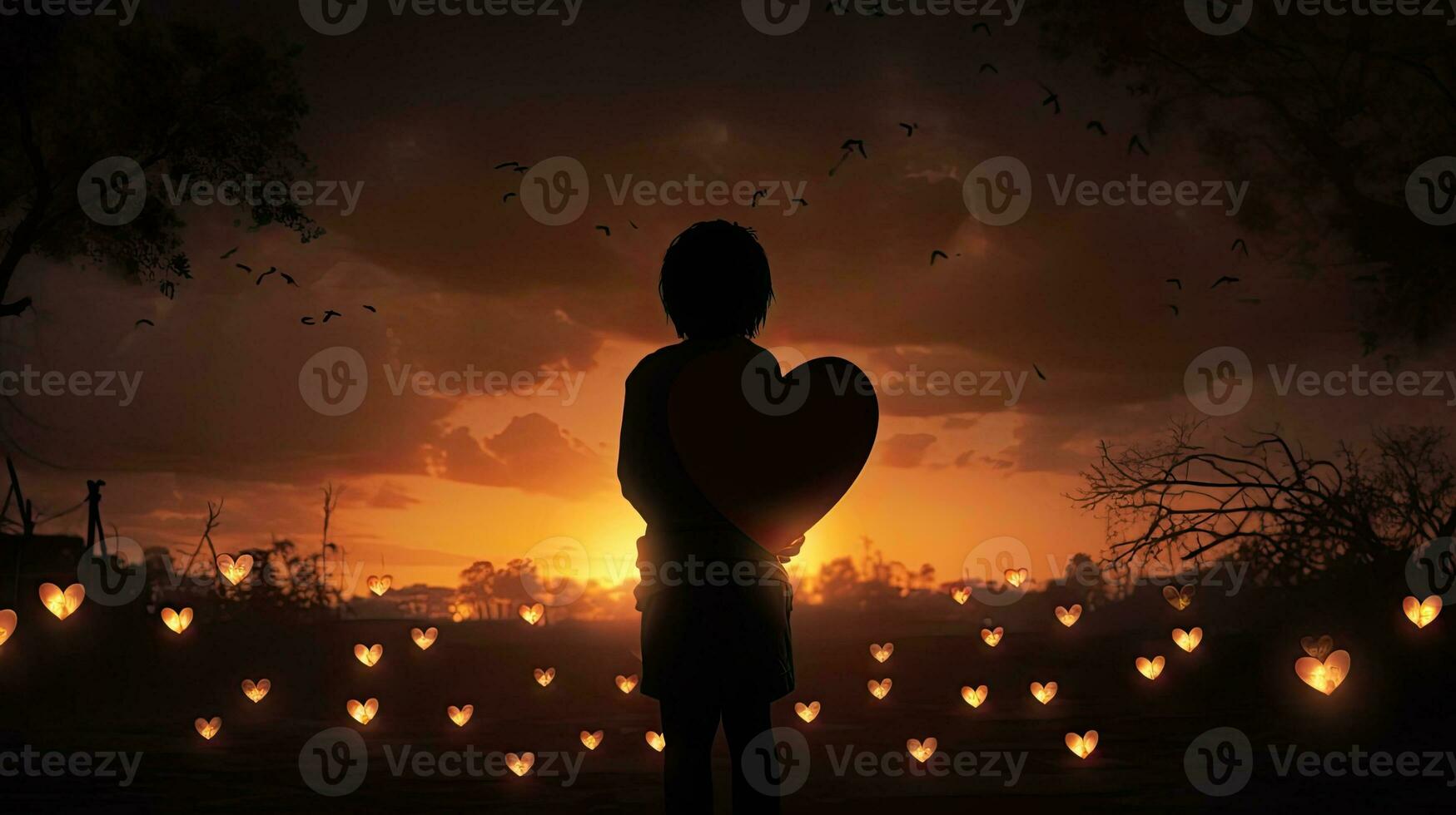 Silhouette of boy s hands and hearts photo