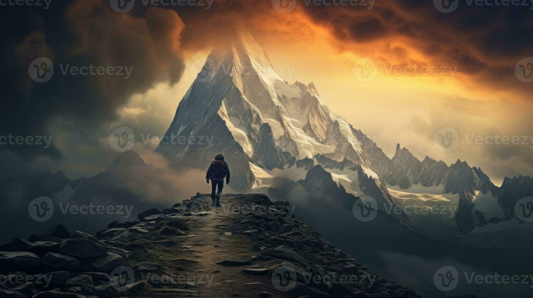 Hiker on Chamonix ridge with storm clouds and mountain trail photo