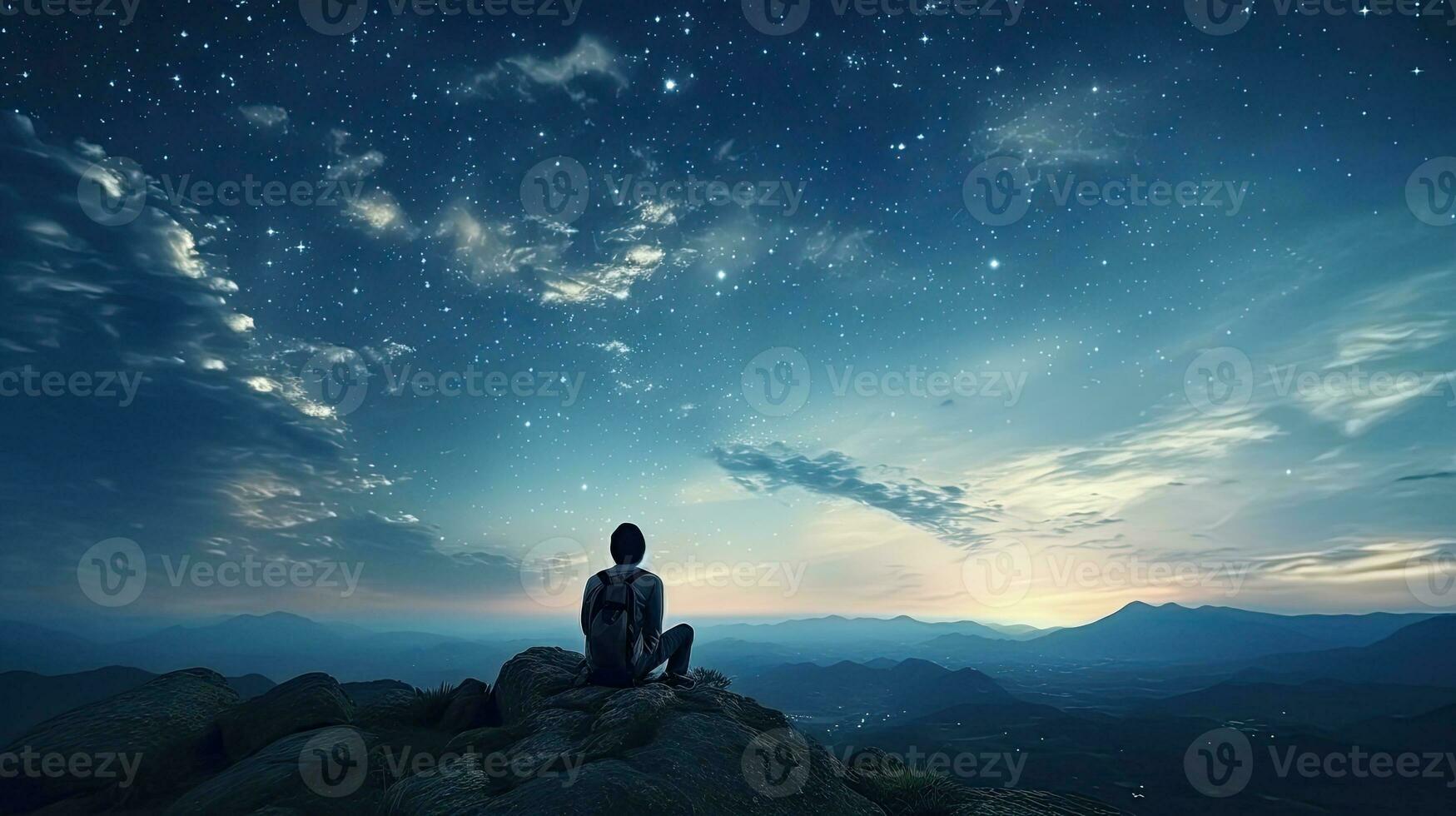 Young traveler and backpacker admired the night sky while alone on the mountain top finding joy in traveling and triumph in reaching the summit photo