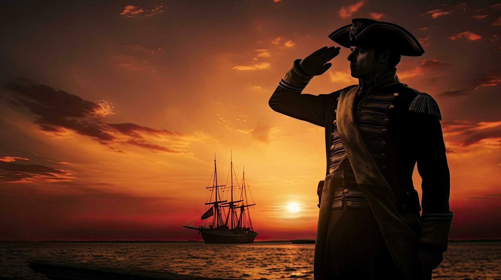 Captain silhouetted against sunset in a digital composite photo