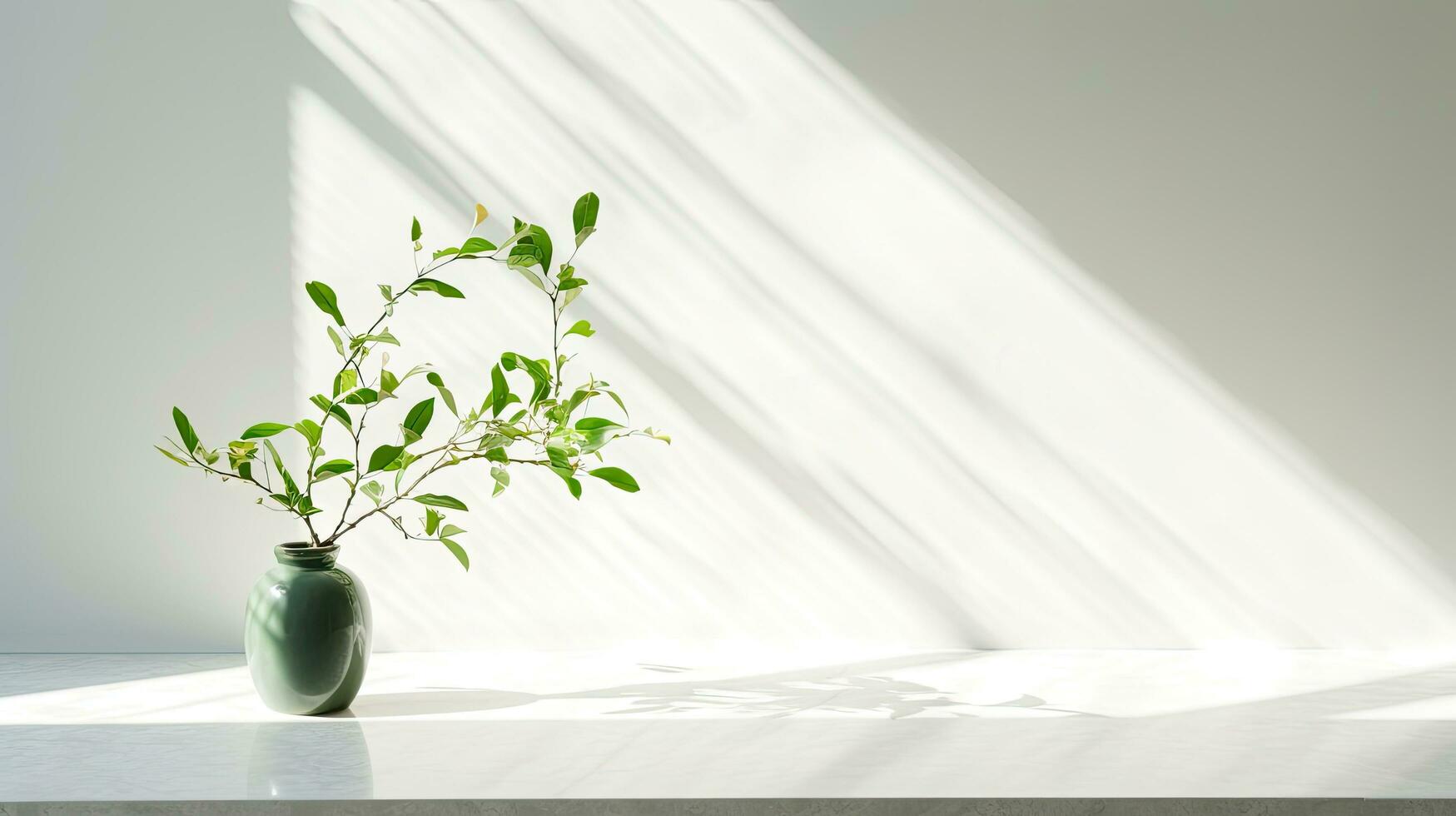 Green branch of tree with shadow against white marble tile wall and wood table with copy space in the spring sunlight photo