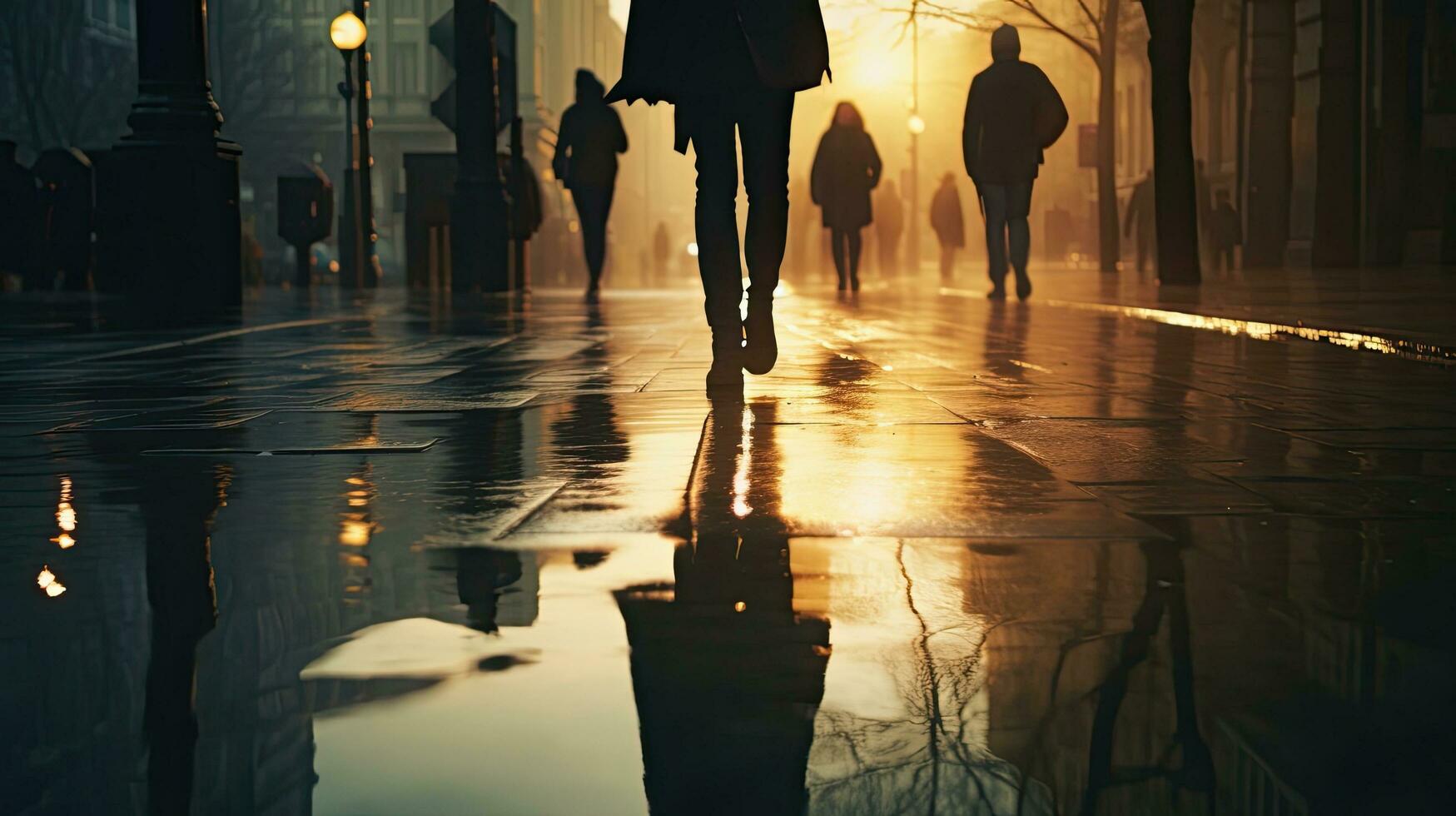 Indistinct silhouettes of people walking on a wet city street on a rainy spring day photo