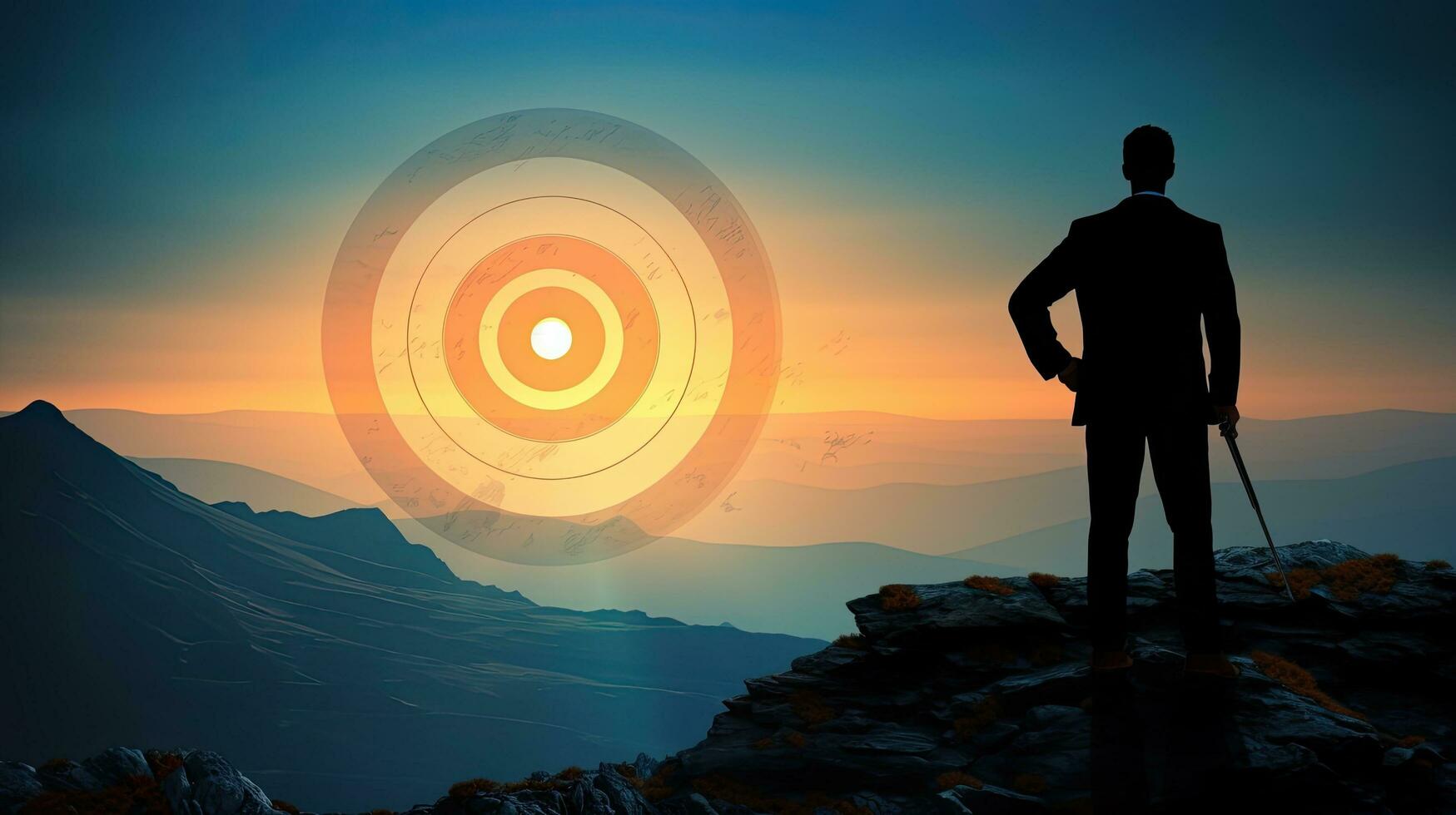 Businessman holds target board on mountain top representing aim and achievement photo