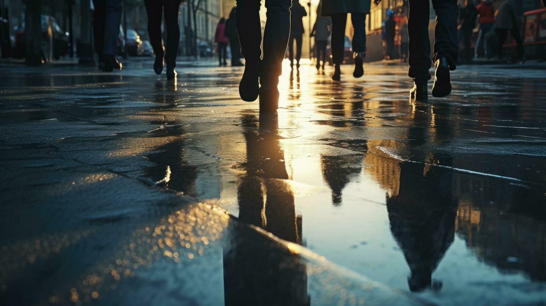 Indistinct silhouettes of people walking on a wet city street on a rainy spring day photo