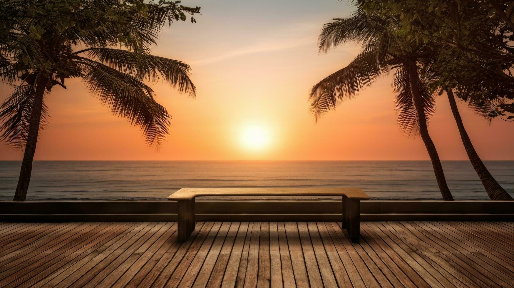 Wooden table on the beach with sea view during sunset or sunrise silhouette of tropical tree on terrace idyllic seashore photo