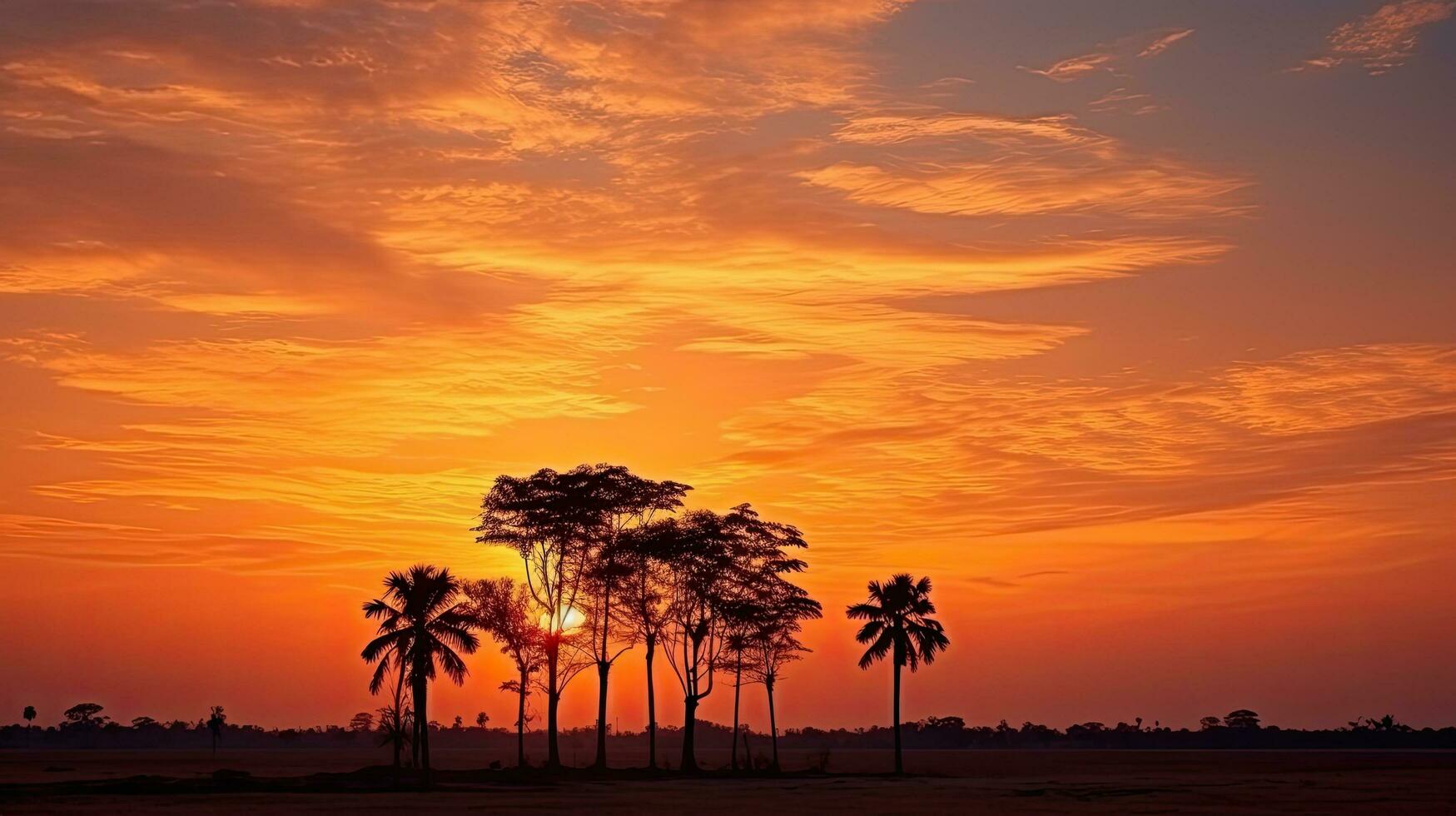 Rural Thailand s evening backdrop with stunning sunset sky tree silhouette photo