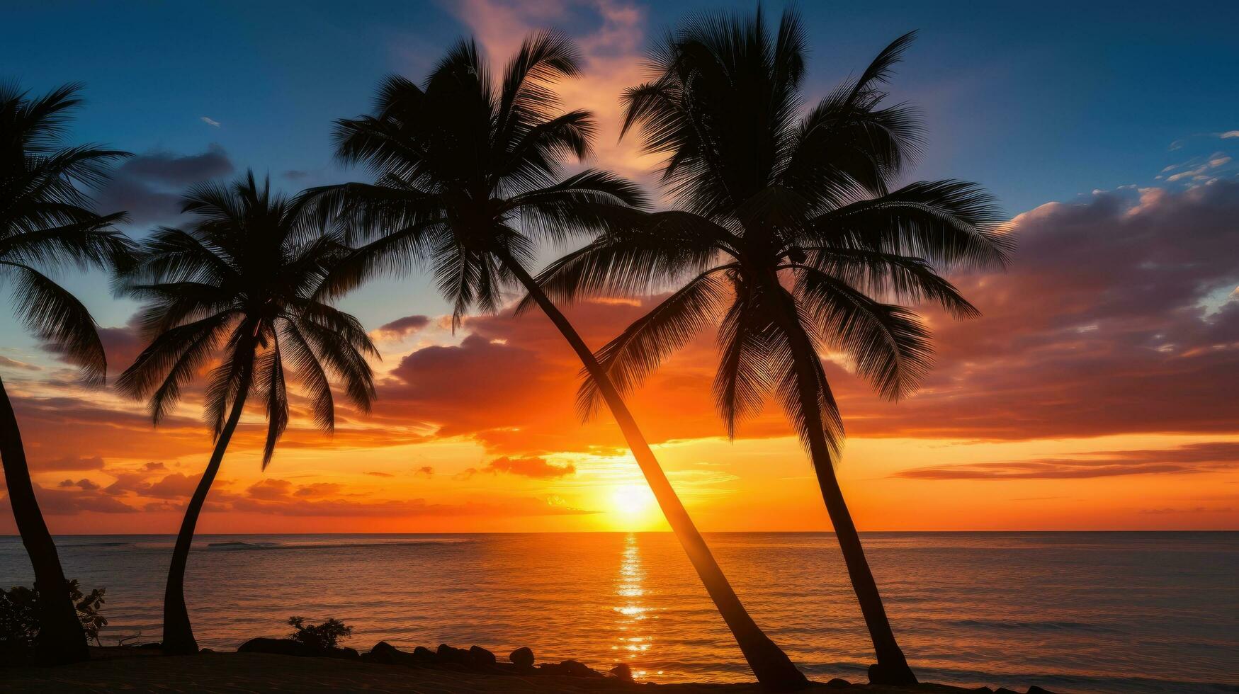 Palm trees silhouette against a stunning background of a tropical sunset beach photo