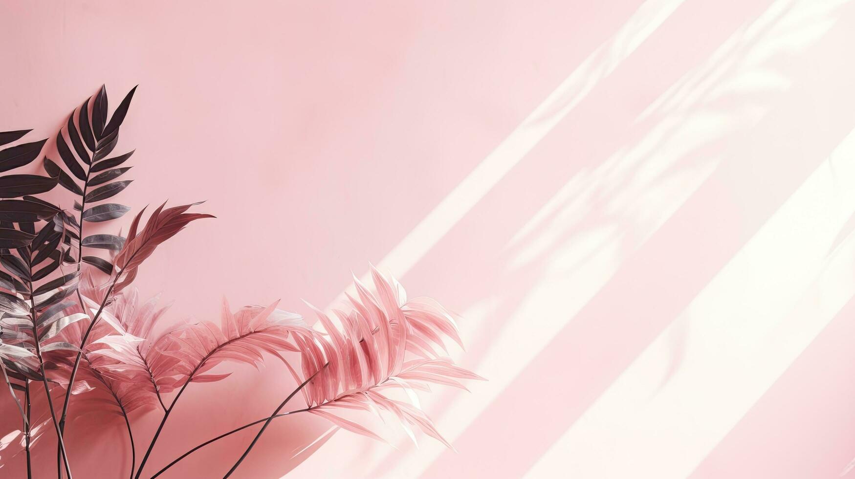 Sunlight casts shadow and light on a white wall with pink background Tropical leaves create a shaded effect photo