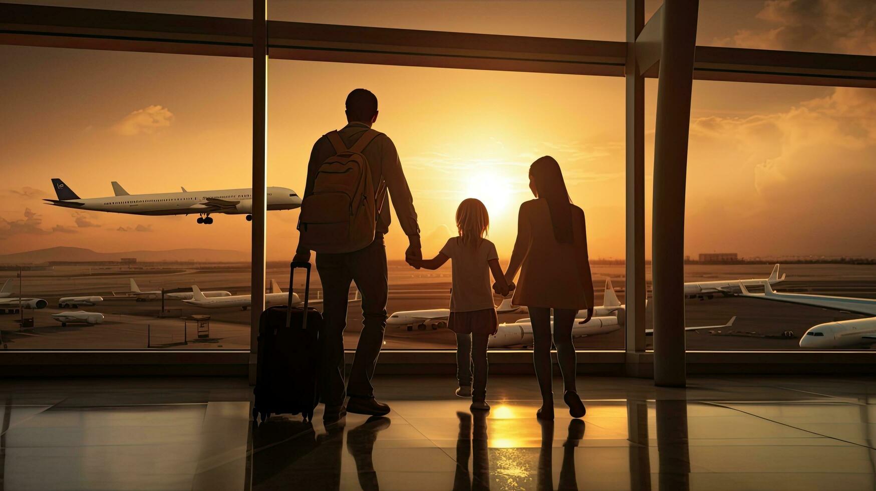 Young family walking at airport with luggage girl showing something through window photo