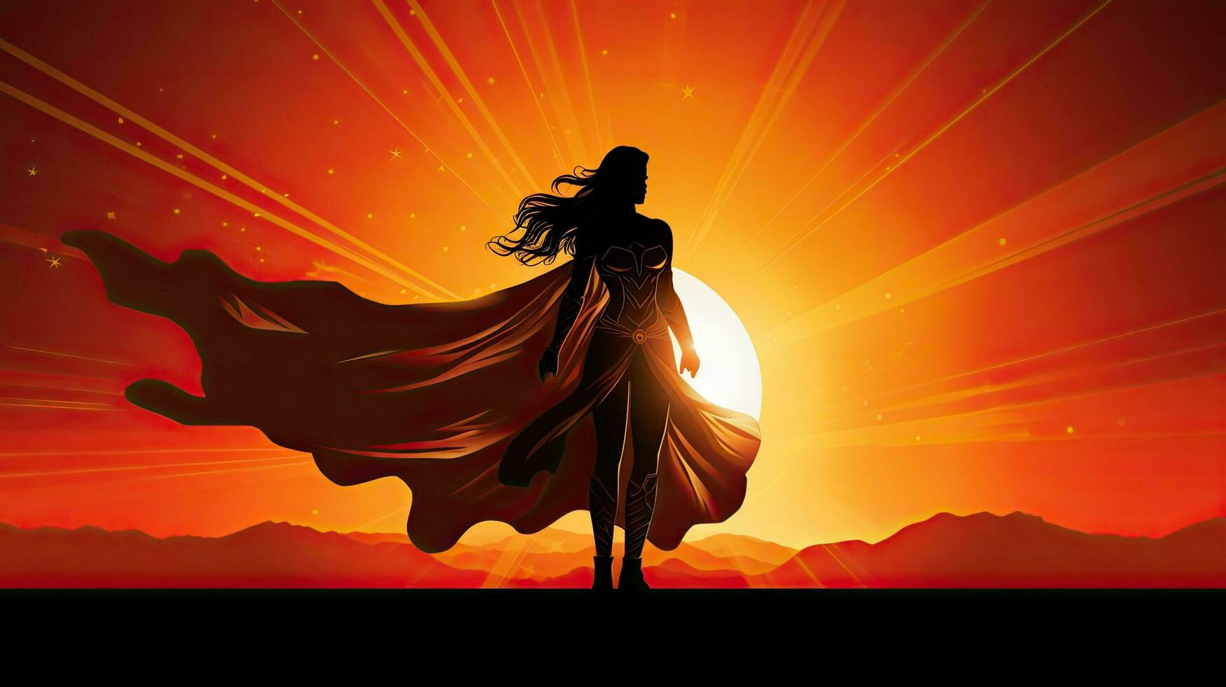 Female superhero depicted in a vector illustration against a sunrise background photo