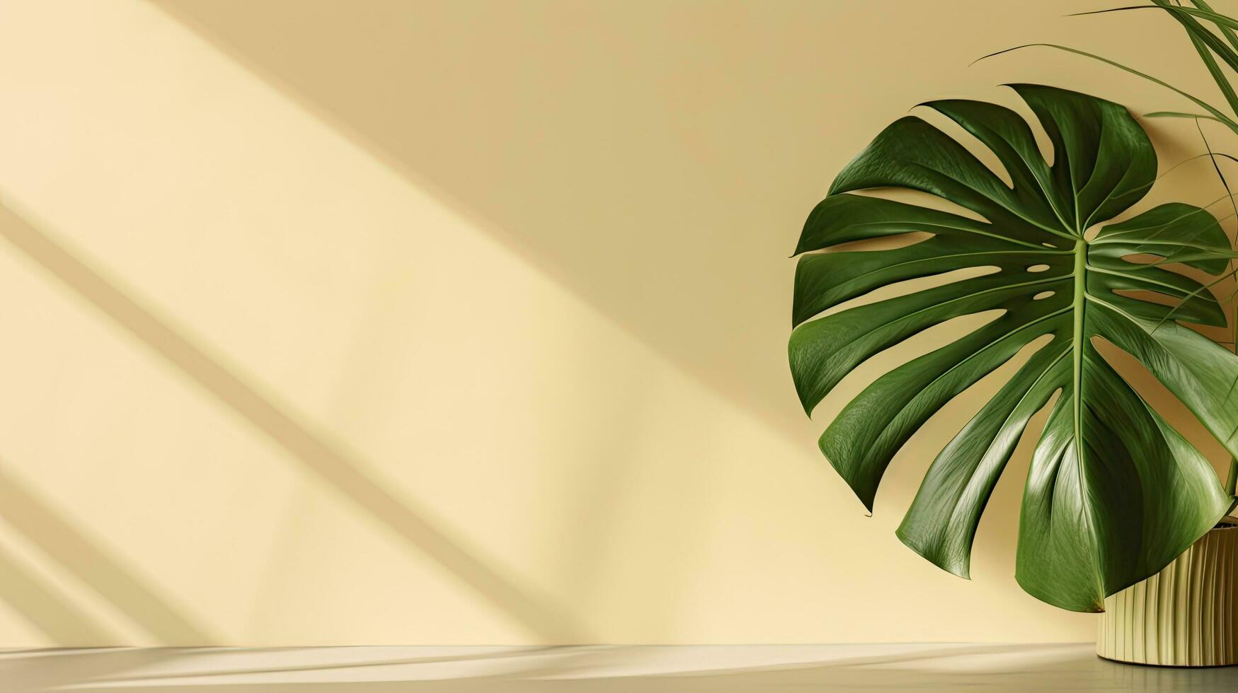 Minimal summer concept with monstera palm leaf and shadow on a white table against a beige wall background photo