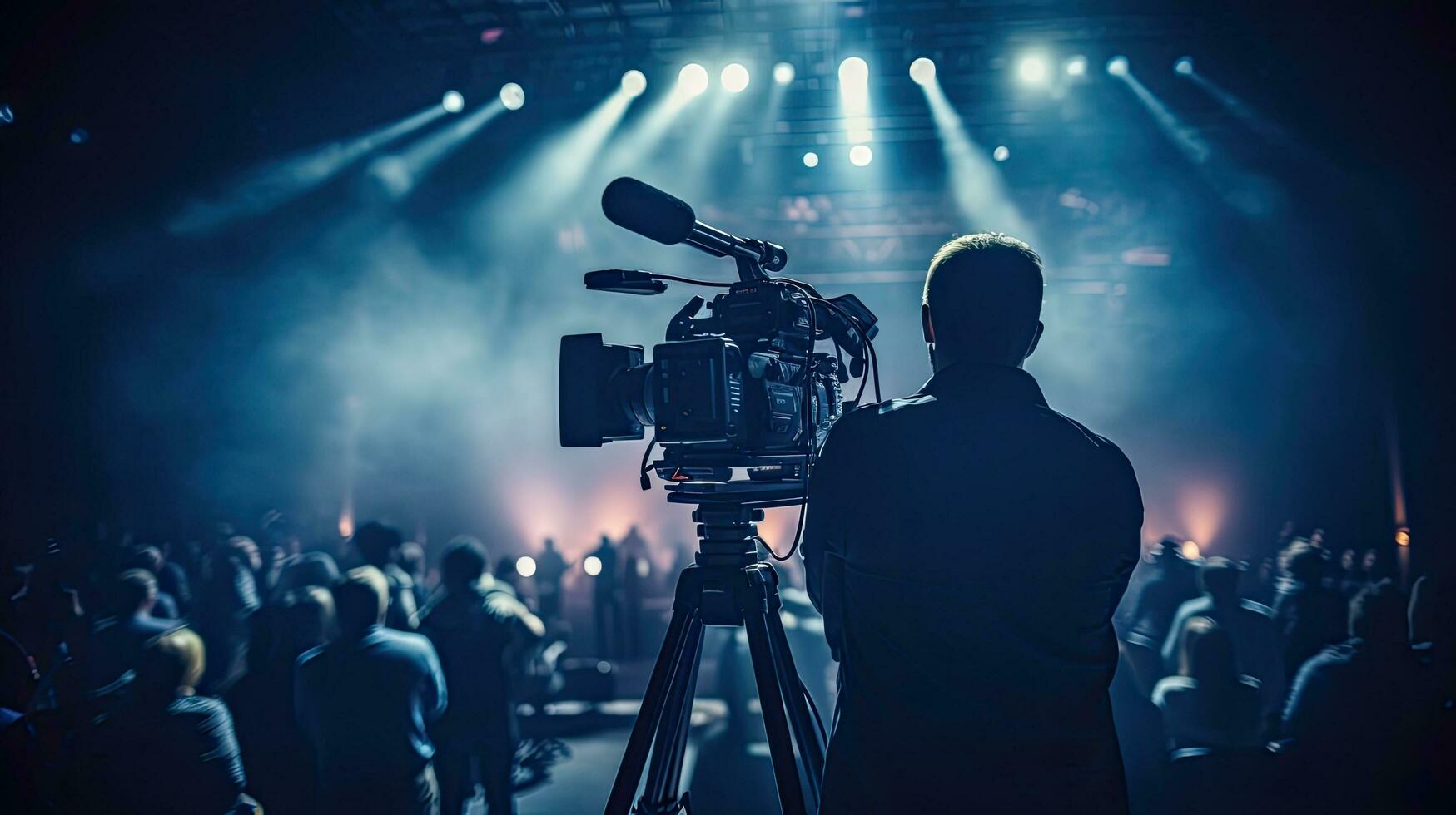 Cameraman covering live event silhouette in news studio focusing selectively photo