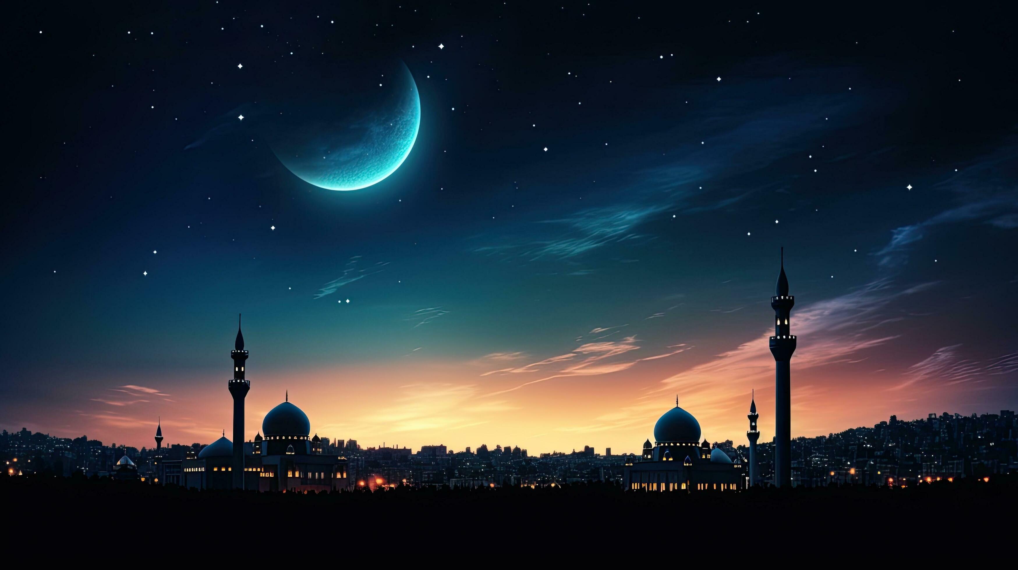 Mosques and Crescent Moon against twilight sky symbolize Islamic