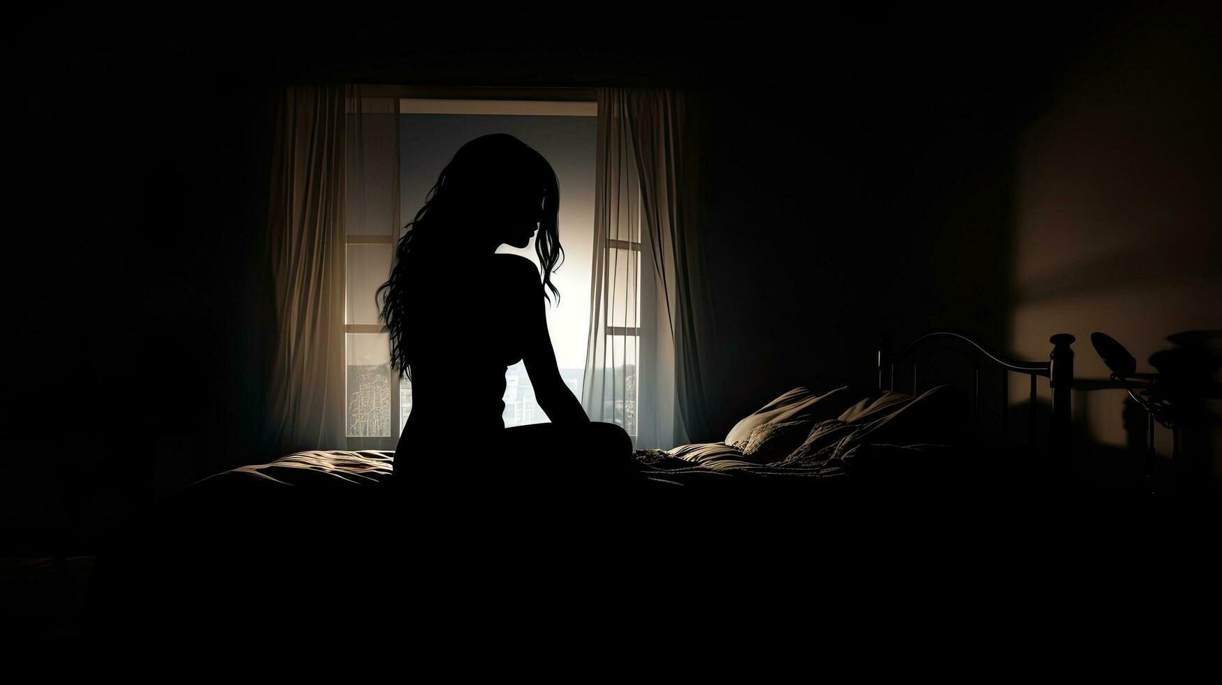 Crying woman sitting on a bed in a bedroom photo