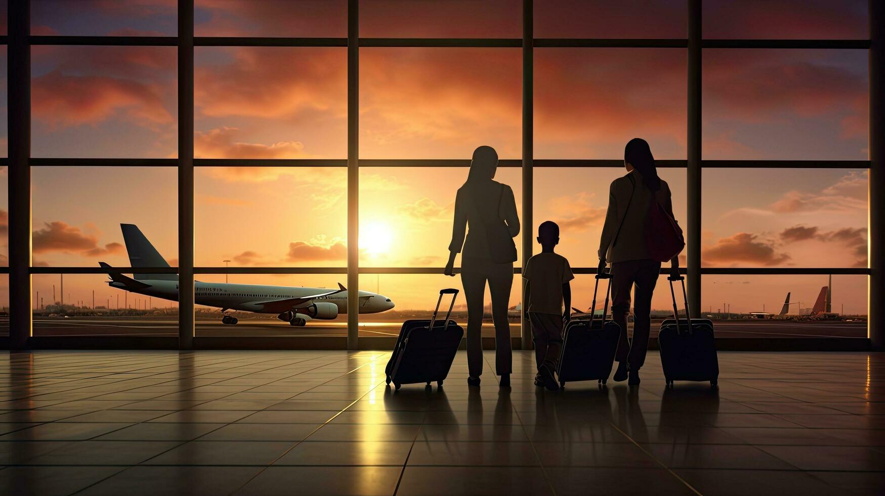 Young family walking at airport with luggage girl showing something through window photo