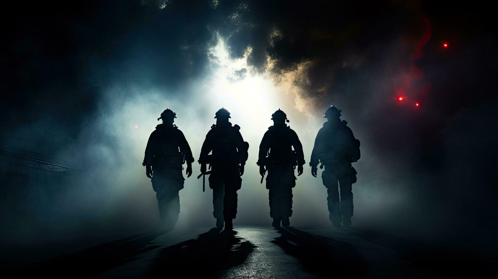 Firefighters with flashlights on their chests walking away from smoke photo