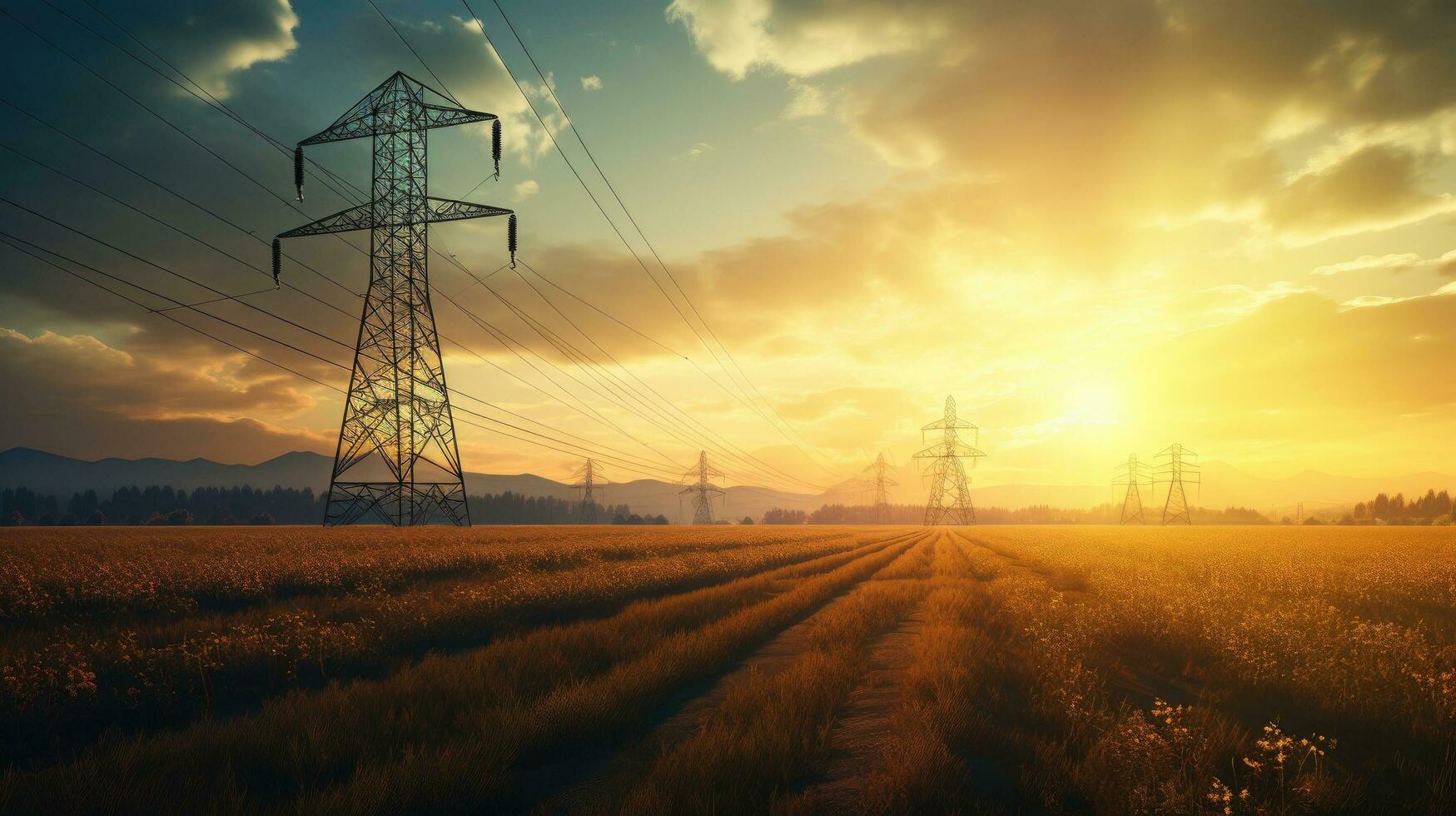 Sunset scene with high voltage power line in field photo