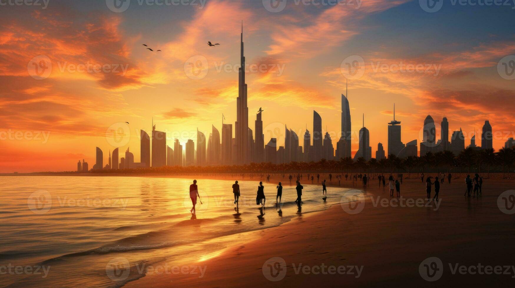 In the United Arab Emirates the captivating city of Dubai showcases a remarkable city center skyline and renowned Jumeirah beach during sunset photo