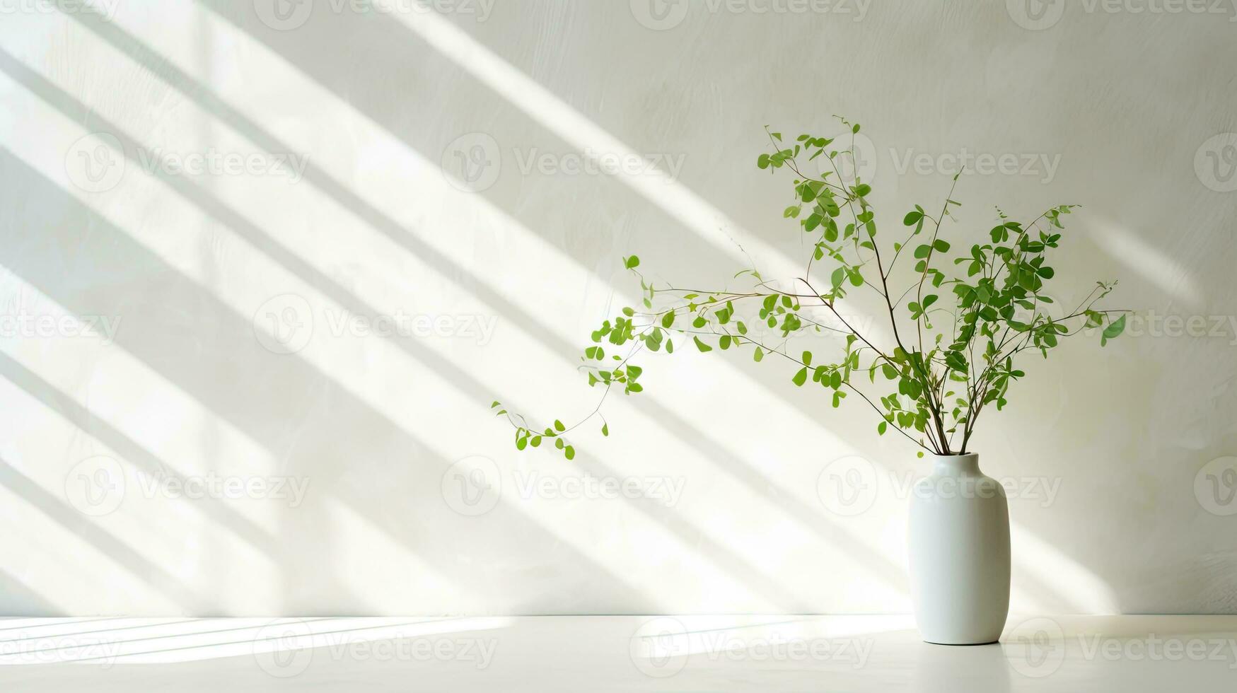 Green branch of tree with shadow against white marble tile wall and wood table with copy space in the spring sunlight photo