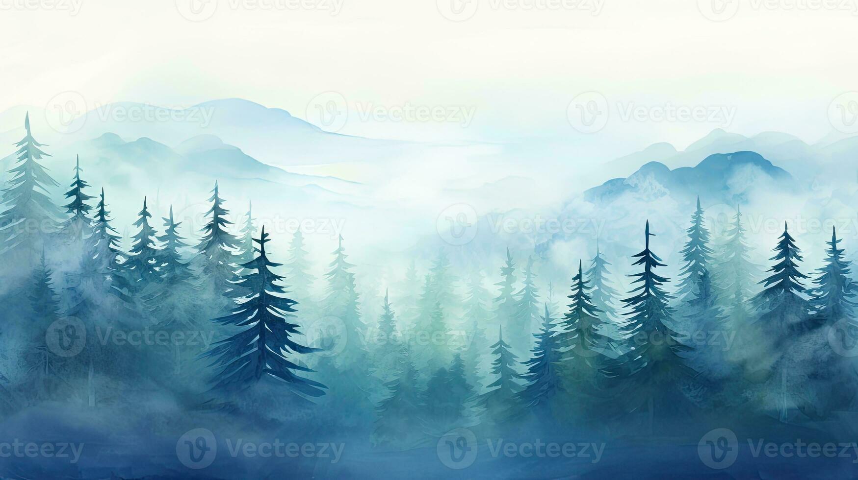 Watercolor misty forest hill with evergreen trees Frozen taiga Horizontal watercolor background photo
