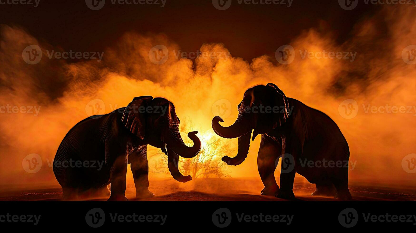 Two play fighting elephant bulls interacting under colorful backlight and fog Selective focus photo