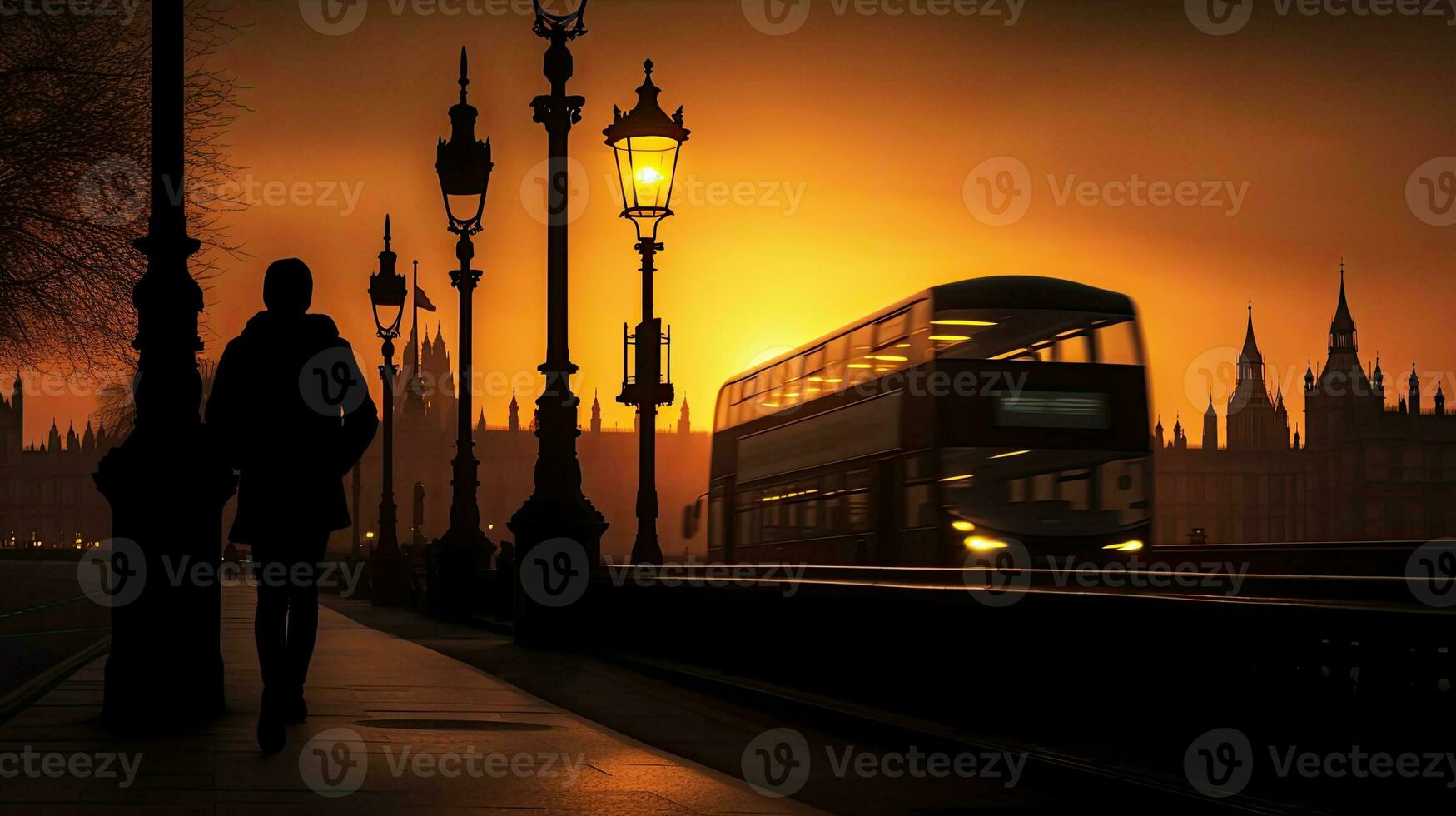 Gentle gothic streetlight on Westminster Bridge framed by blurred London Bus and person amidst fading summer sunset photo