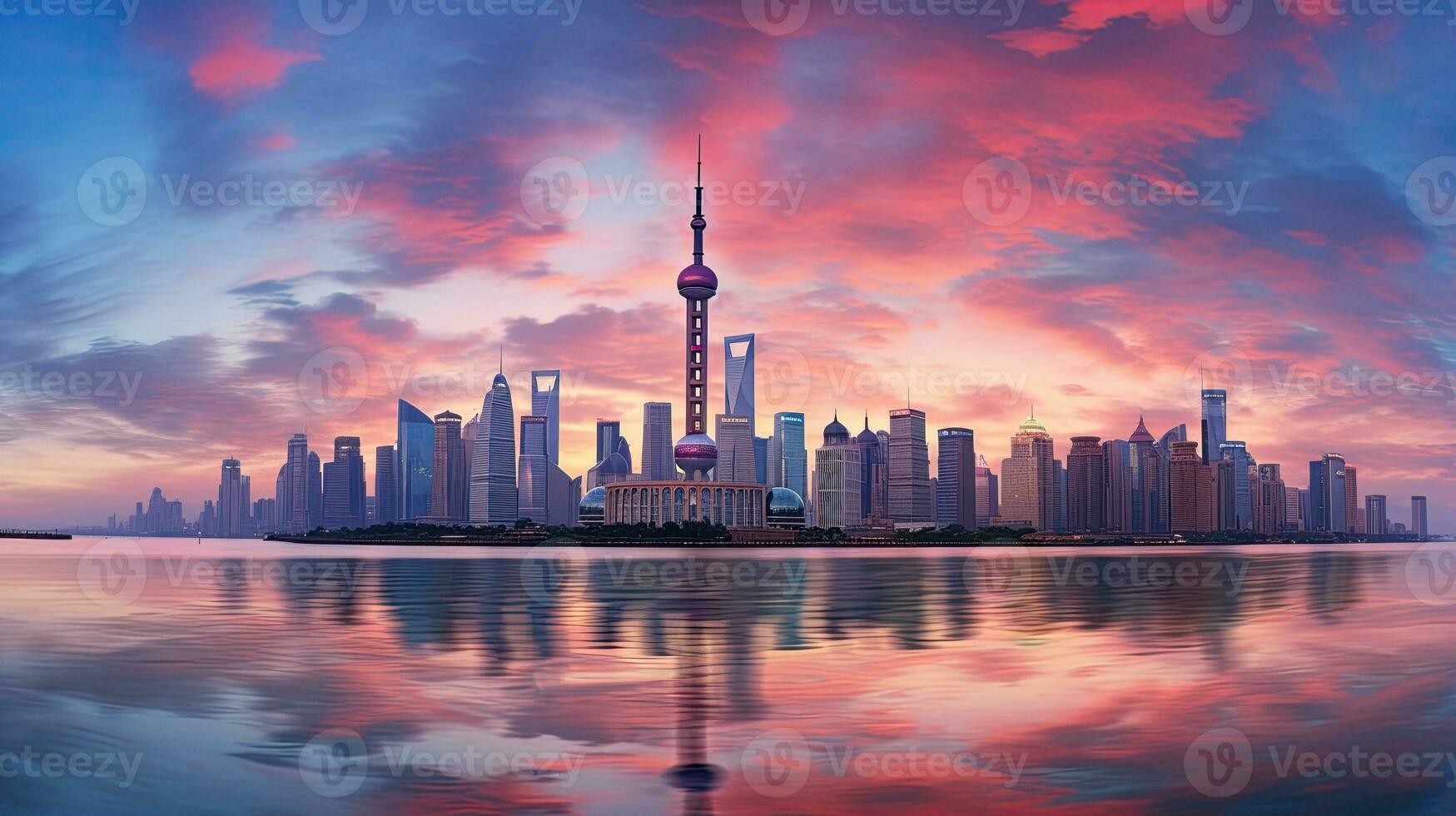 Colorful sky over Huangpu River Shanghai skyline at sunrise photo