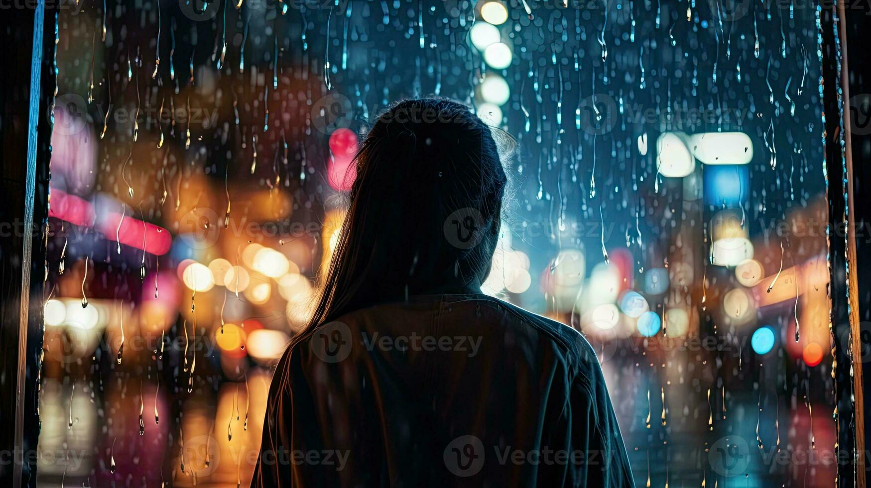 gotas de lluvia en un borroso vaso ventana con un silueta niña en un ciudad calle a noche rodeado por vistoso neón ciudad luces foto