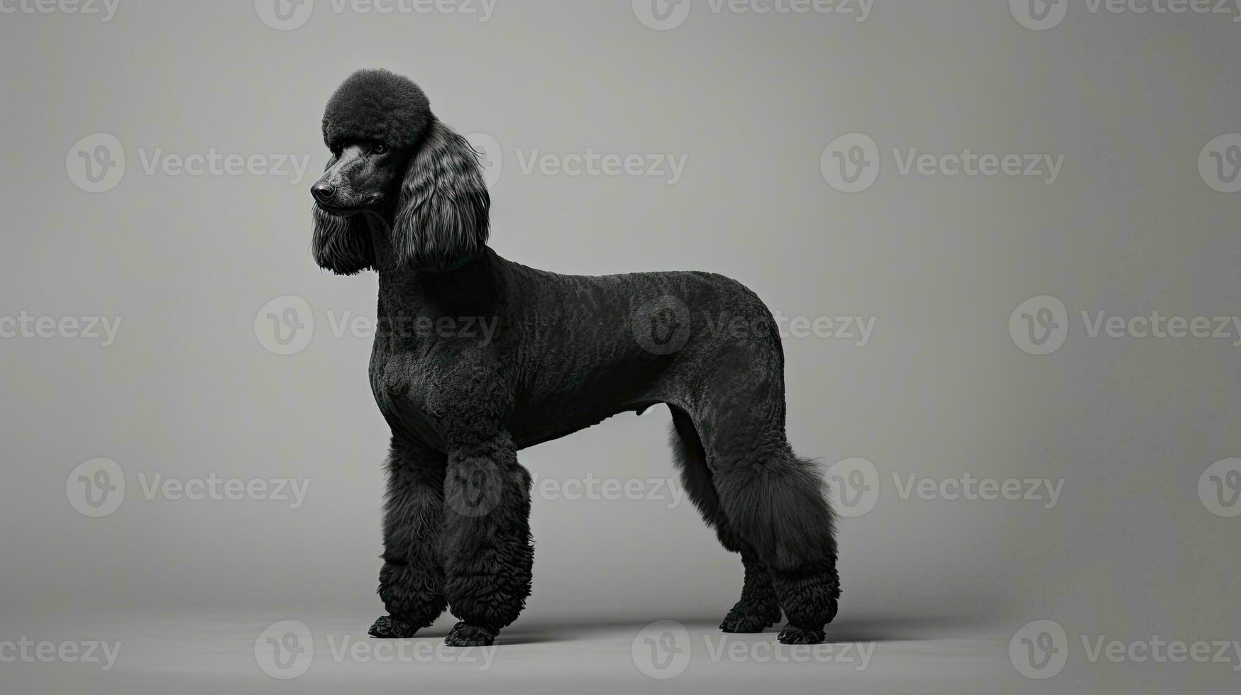 Black poodle photographed indoors on a gray surface photo